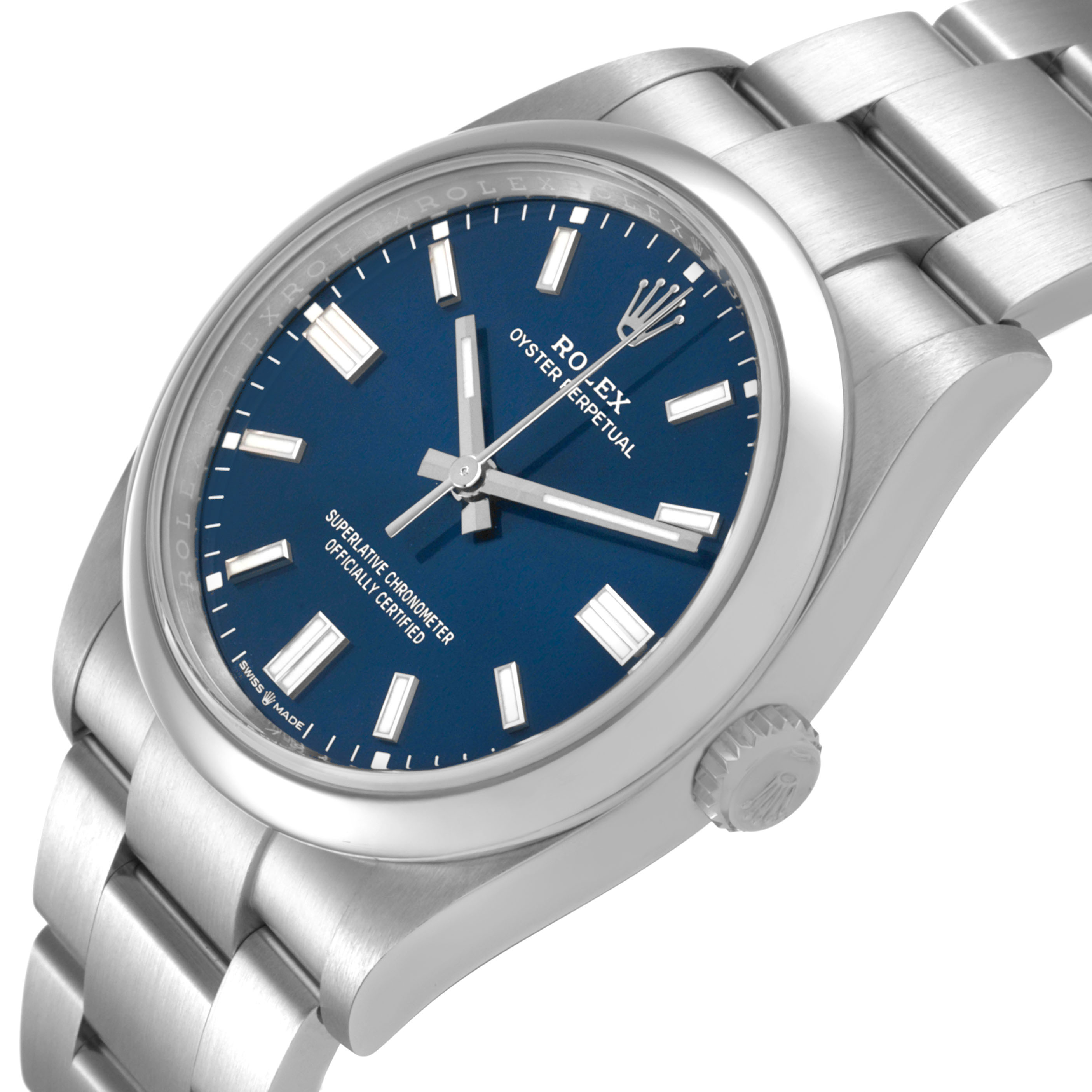 The Rolex Oyster Perpetual 126000 Men's Stainless Steel Blue Dial is shown at a three-quarter angle, highlighting the blue dial, bezel, crown, and part of the bracelet.
