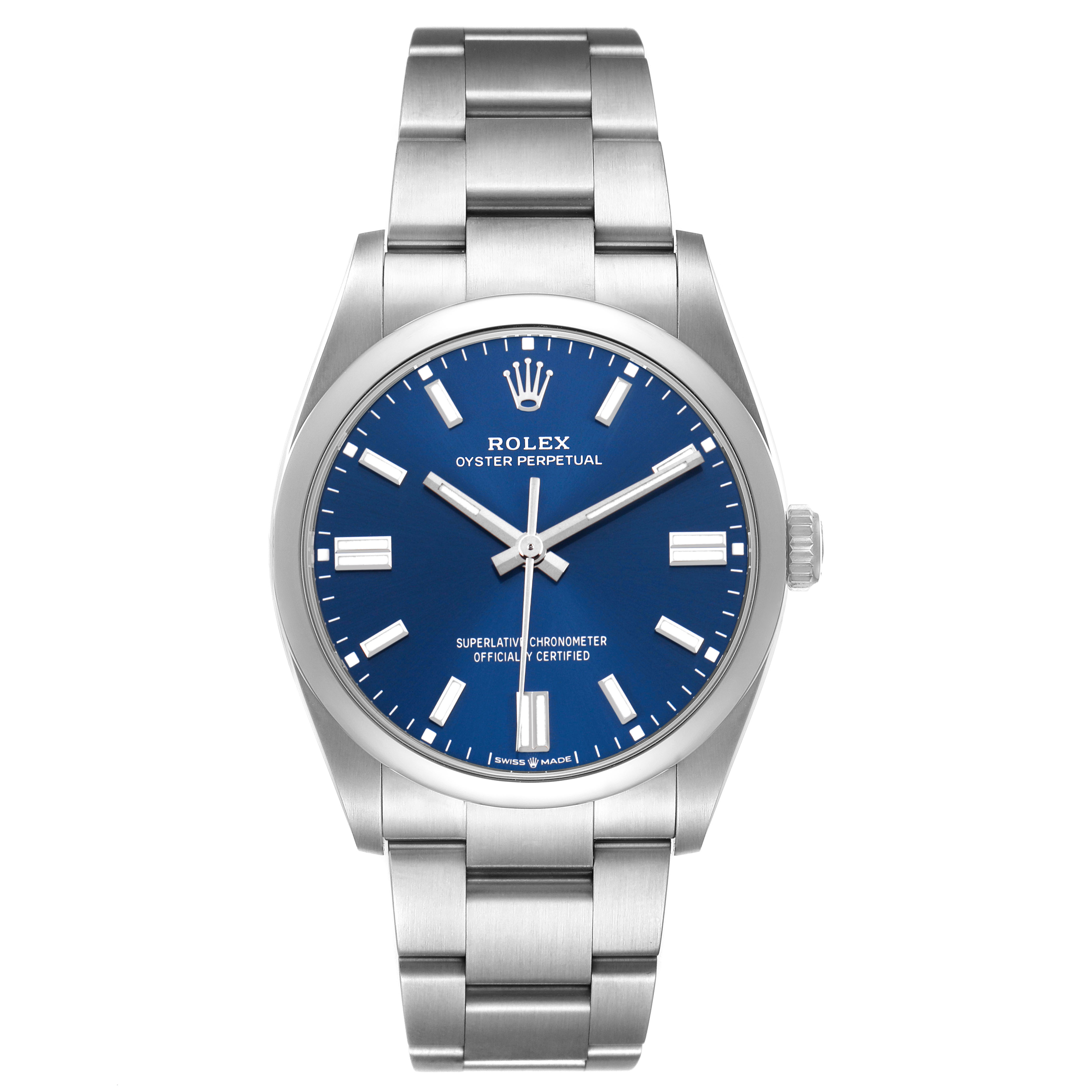 The Rolex Oyster Perpetual 126000 Men's Stainless Steel Blue Dial watch is shown from the front, featuring its dial, case, and bracelet.