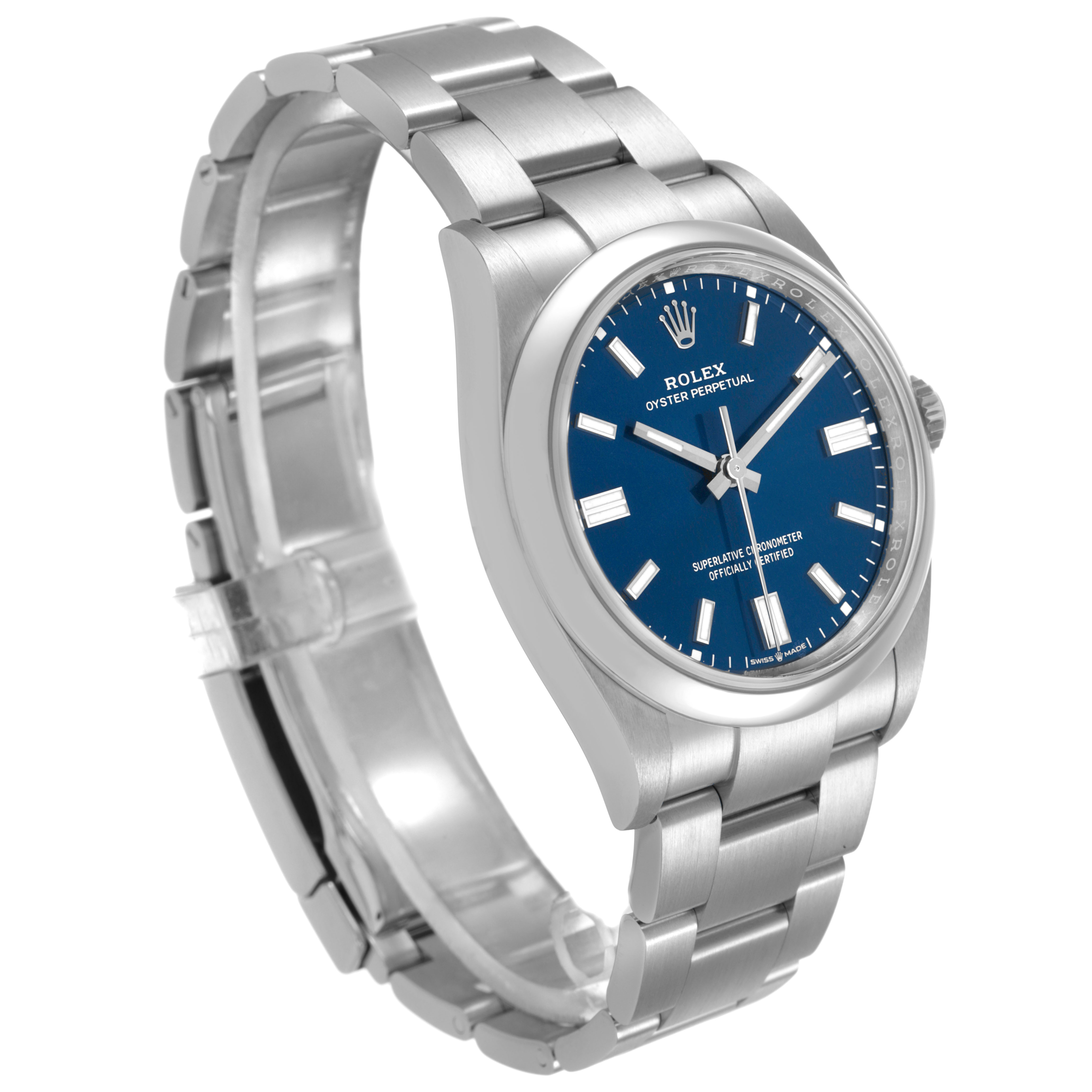 The Rolex Oyster Perpetual 126000 Men's Stainless Steel Blue Dial watch is shown from a front angle, displaying the blue dial, bezel, and bracelet links.