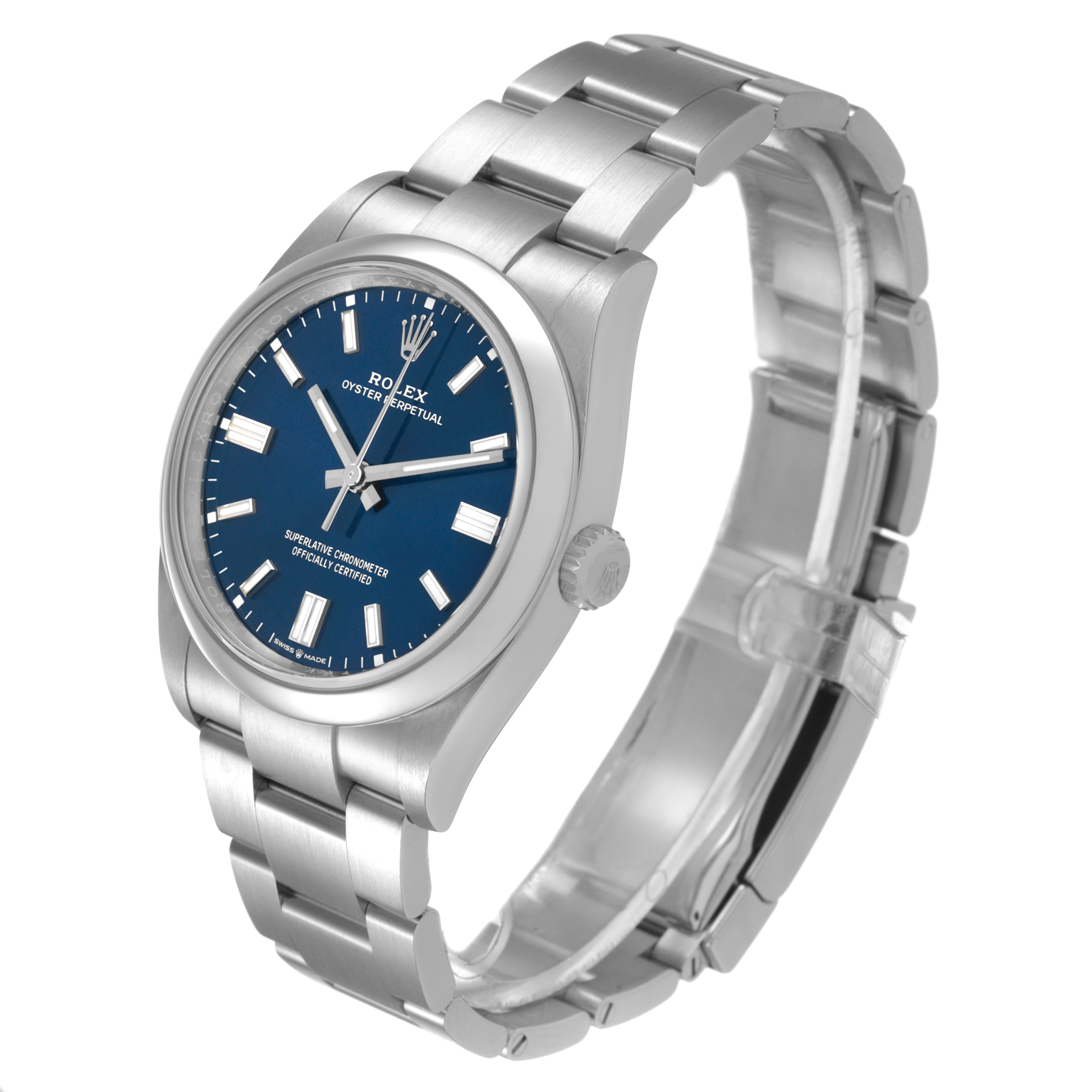 The Rolex Oyster Perpetual 126000 Men's Stainless Steel Blue Dial is shown at a three-quarter angle, displaying the dial, bezel, bracelet, and crown.