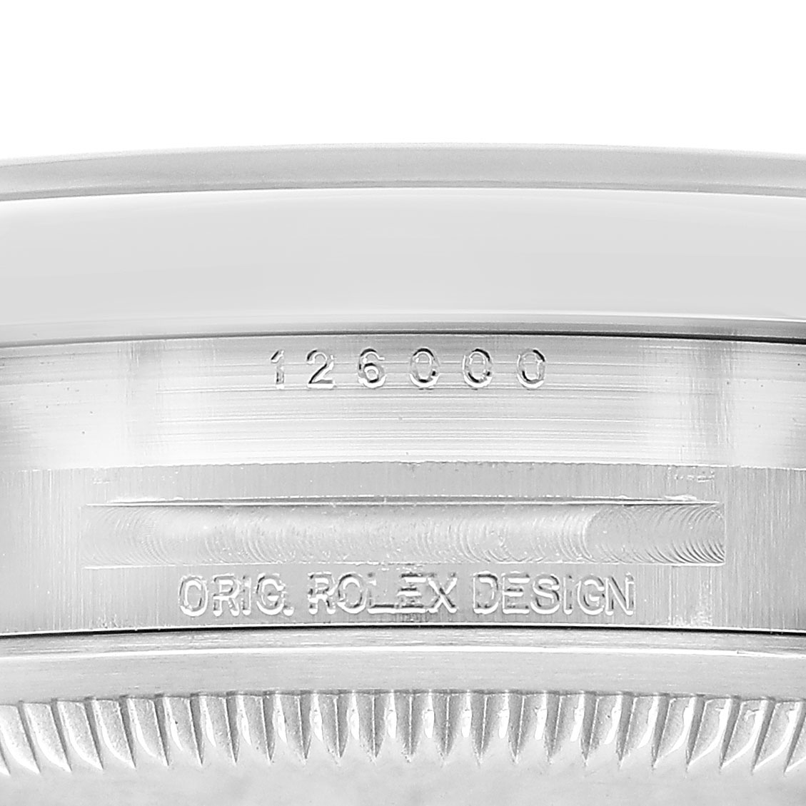 The image shows the side view of a Rolex Oyster Perpetual 126000 Men's Stainless Steel Blue Dial watch, highlighting the model number and "ORIG. ROLEX DESIGN" engraving on the case.