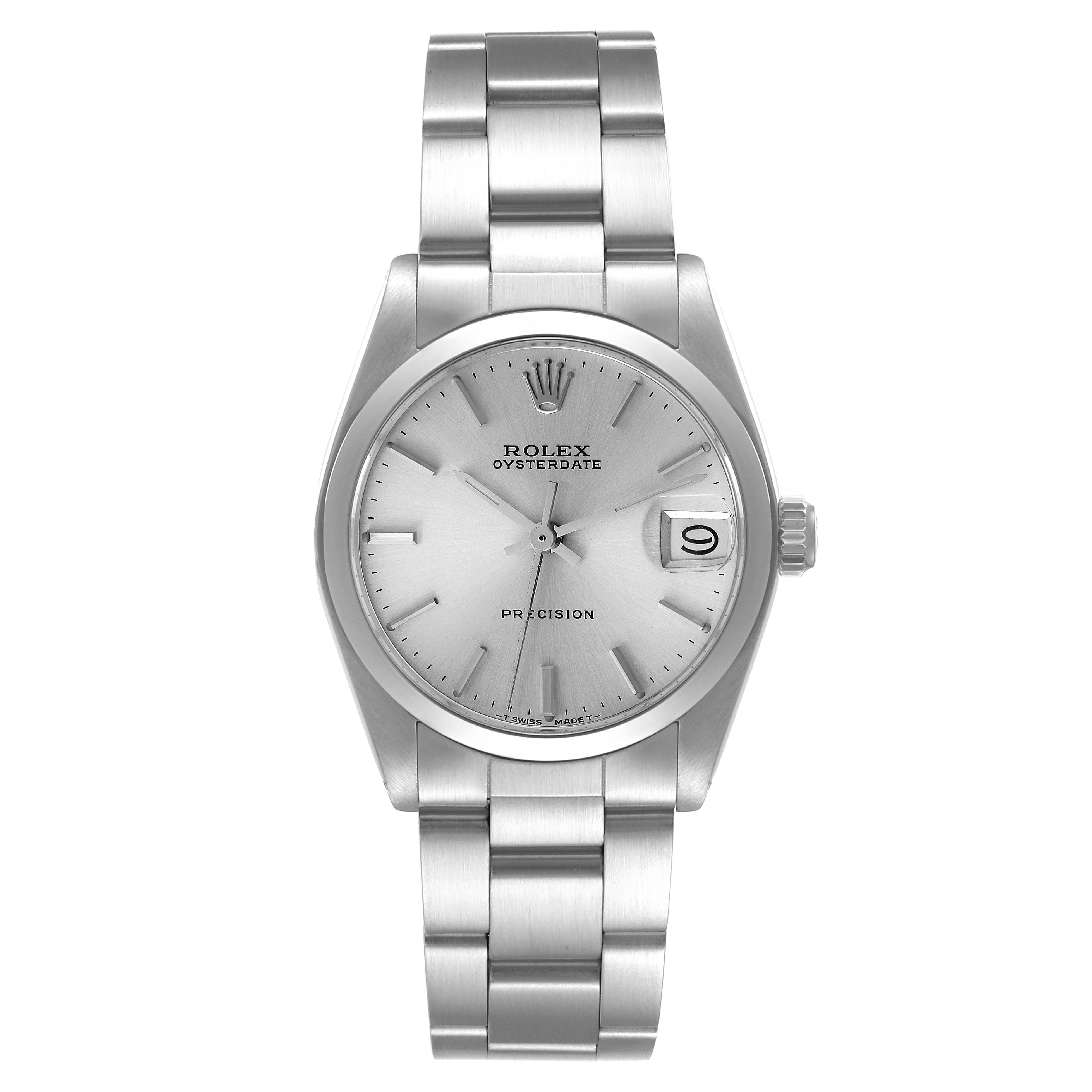The image shows a front view of a Rolex Mid-Size 6466 Women's Stainless Steel Silver Dial 6466 Women's Stainless Steel Silver Dial Oysterdate Precision watch, highlighting its dial, case, and bracelet.