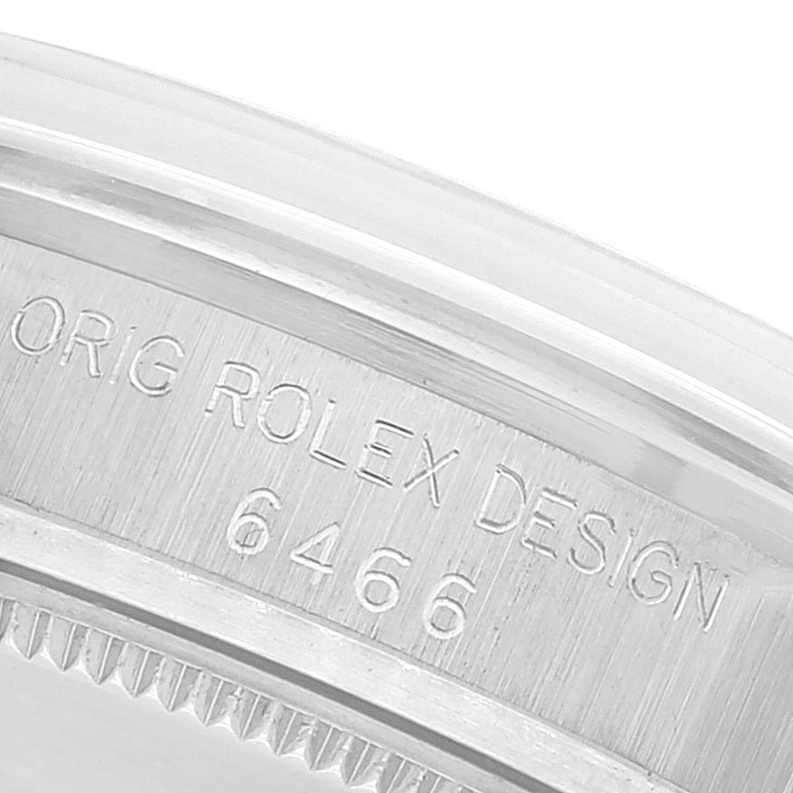 The image shows an engraved caseback edge of a Mid-Size Rolex watch with the inscription "ORIG ROLEX DESIGN 6466".