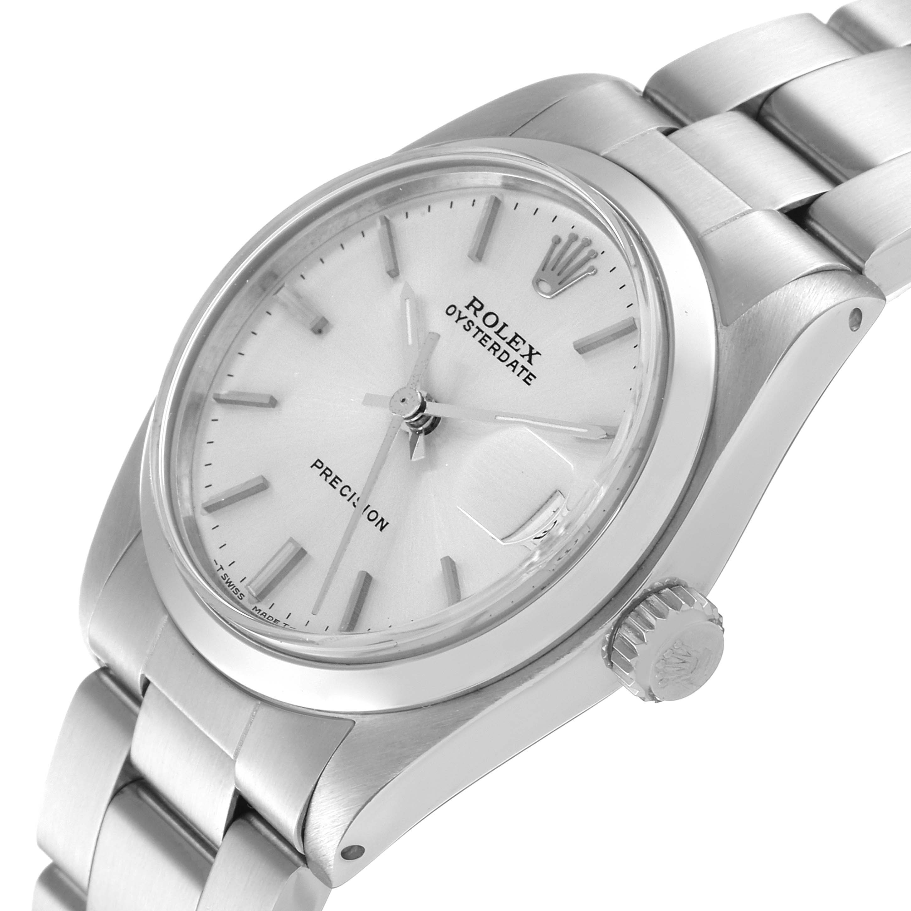 The Rolex Mid-Size 6466 Women's Stainless Steel Silver Dial 6466 Women's Stainless Steel Silver Dial watch is shown from a slight angle displaying the face, bezel, crown, and part of the bracelet.