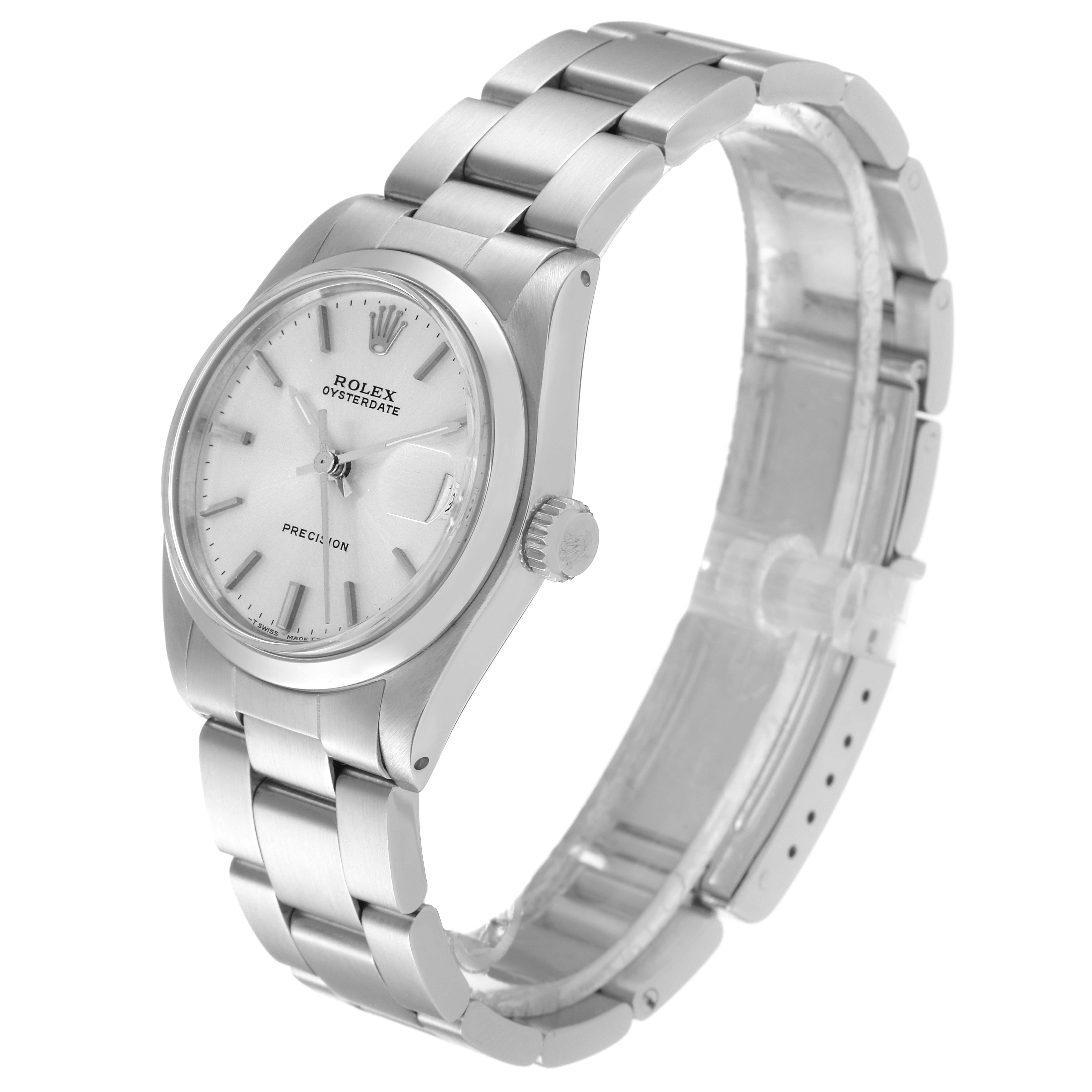 The Rolex Mid-Size 6466 Women's Stainless Steel Silver Dial 6466 Women's Stainless Steel Silver Dial watch is shown from a side angle, displaying its face, stainless steel bracelet, and crown.