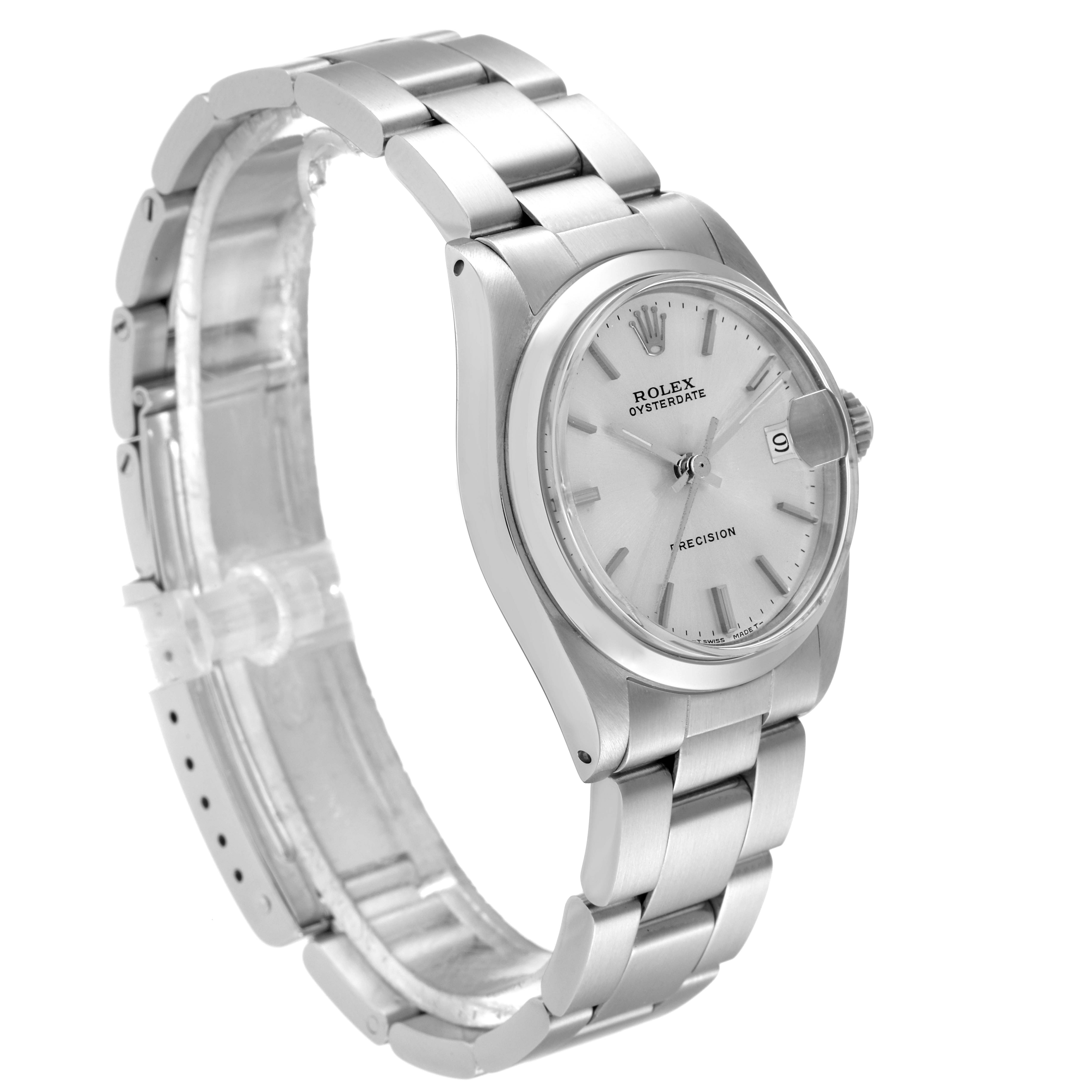 The image shows a Rolex Mid-Size 6466 Women's Stainless Steel Silver Dial 6466 Women's Stainless Steel Silver Dial Oysterdate watch at a 3/4 angle, highlighting the face, bezel, crown, and bracelet.