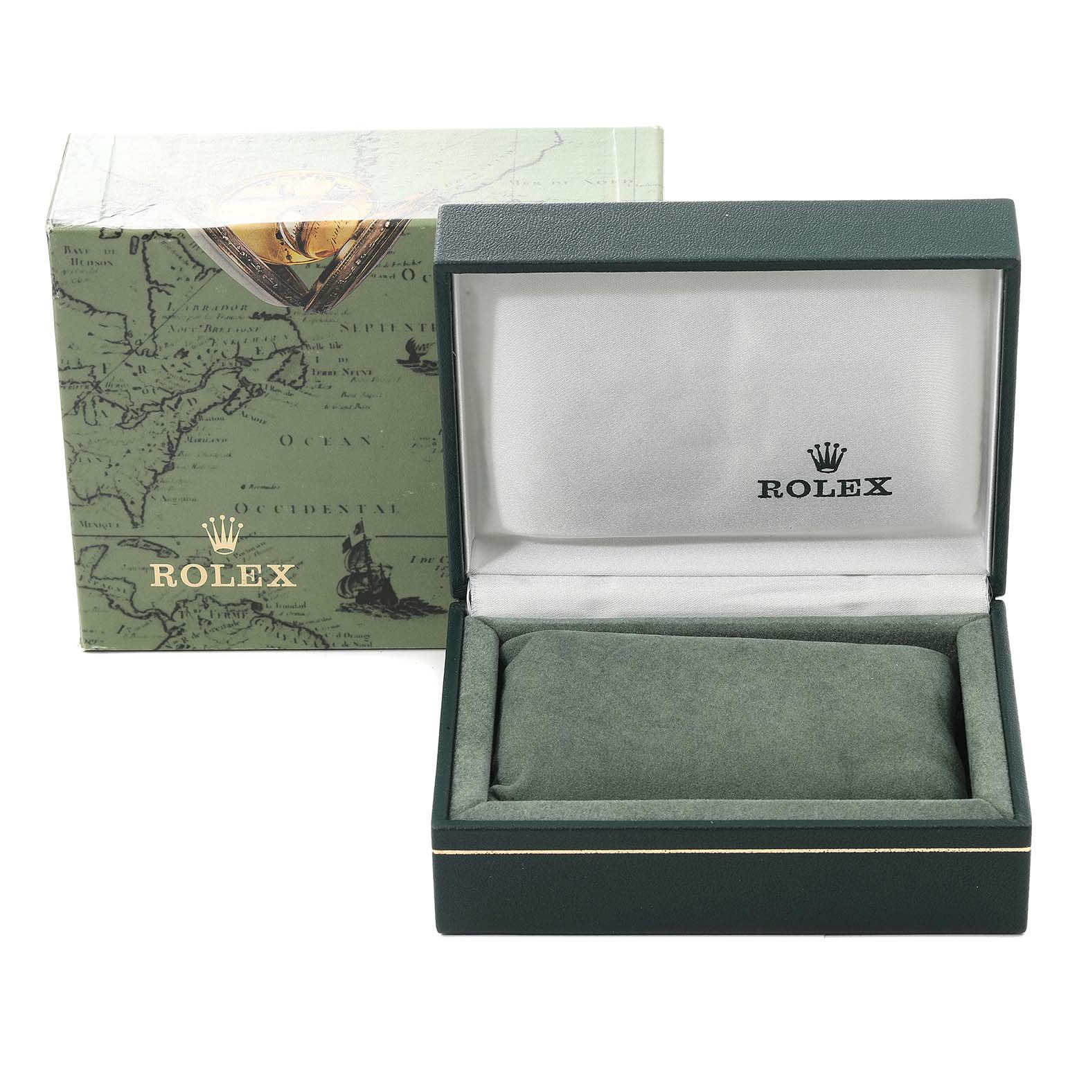 The image shows a Rolex Mid-Size 6466 Women's Stainless Steel Silver Dial 6466 Women's Stainless Steel Silver Dial watch's packaging, including the outer box with a map design and the inner green cushioned box.