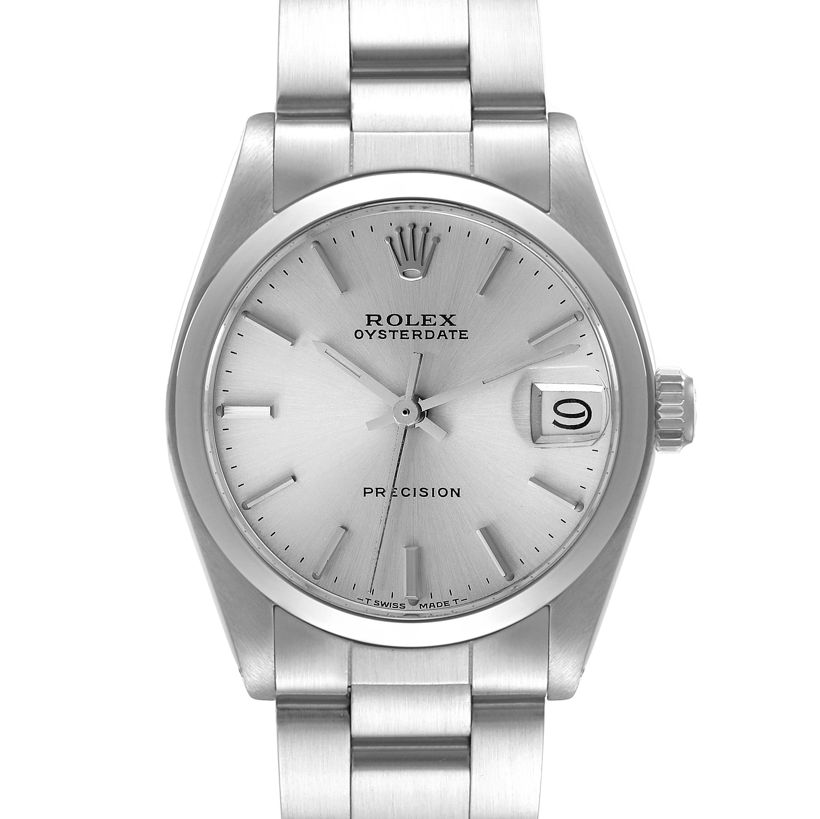This is a front view of a Rolex Mid-Size 6466 Women's Stainless Steel Silver Dial 6466 Women's Stainless Steel Silver Dial Oysterdate Precision watch showing the dial, hands, date window, crown, and bracelet.