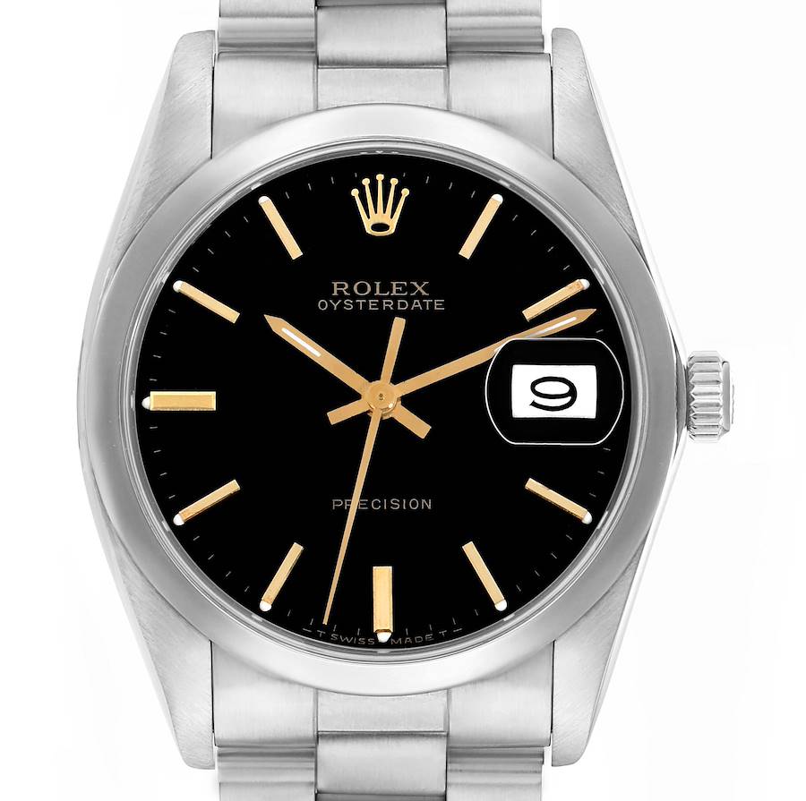 The Rolex Vintage Collection 6694 Men's Stainless Steel Black Dial watch is shown from a front angle, displaying the bezel, dial, date window, and bracelet.