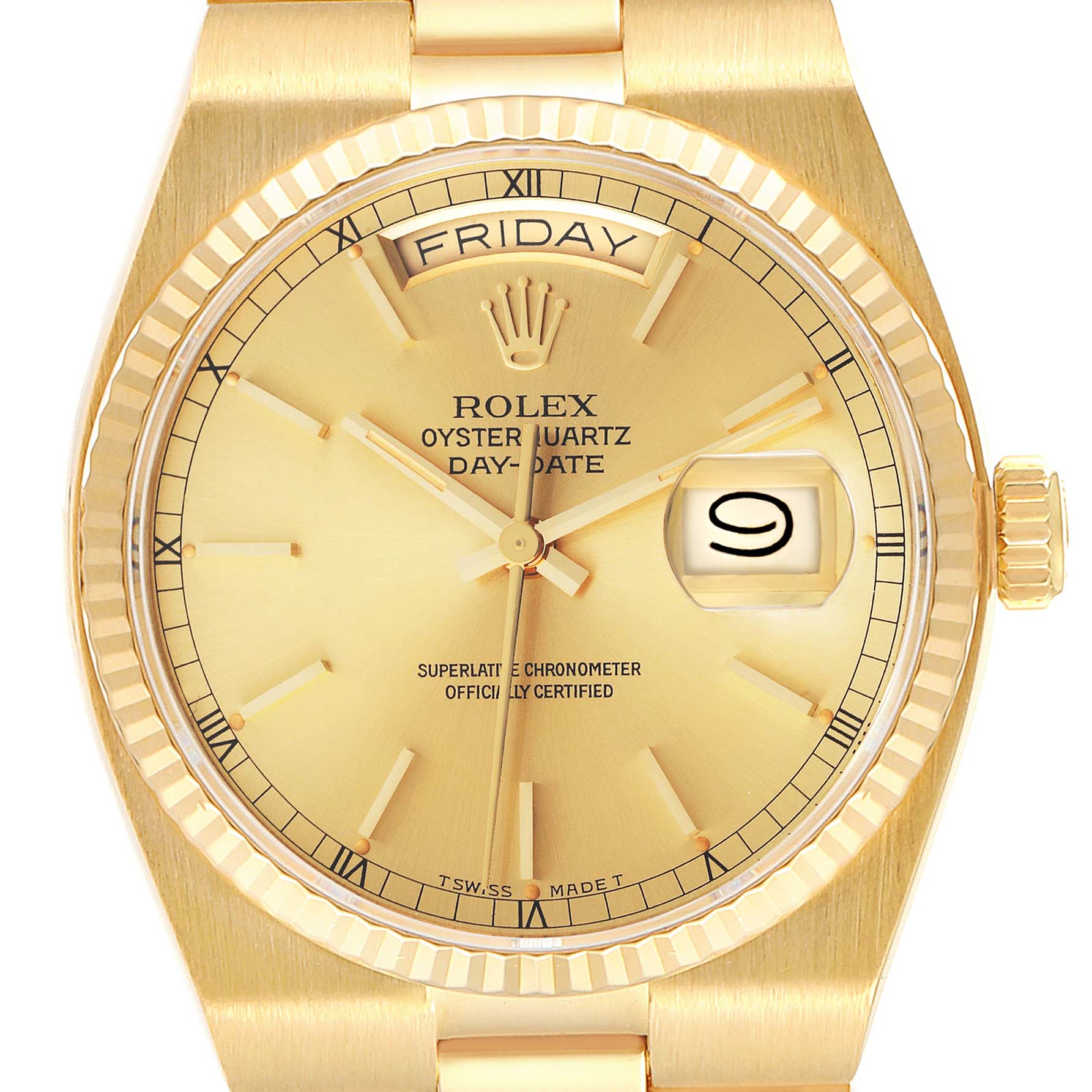 The Rolex President 19018 Men
s Yellow Gold Champagne Dial 19018 Men
s Yellow Gold Champagne Dial Oysterquartz Day-Date watch is shown from a front angle, highlighting the dial, bezel, and crown.