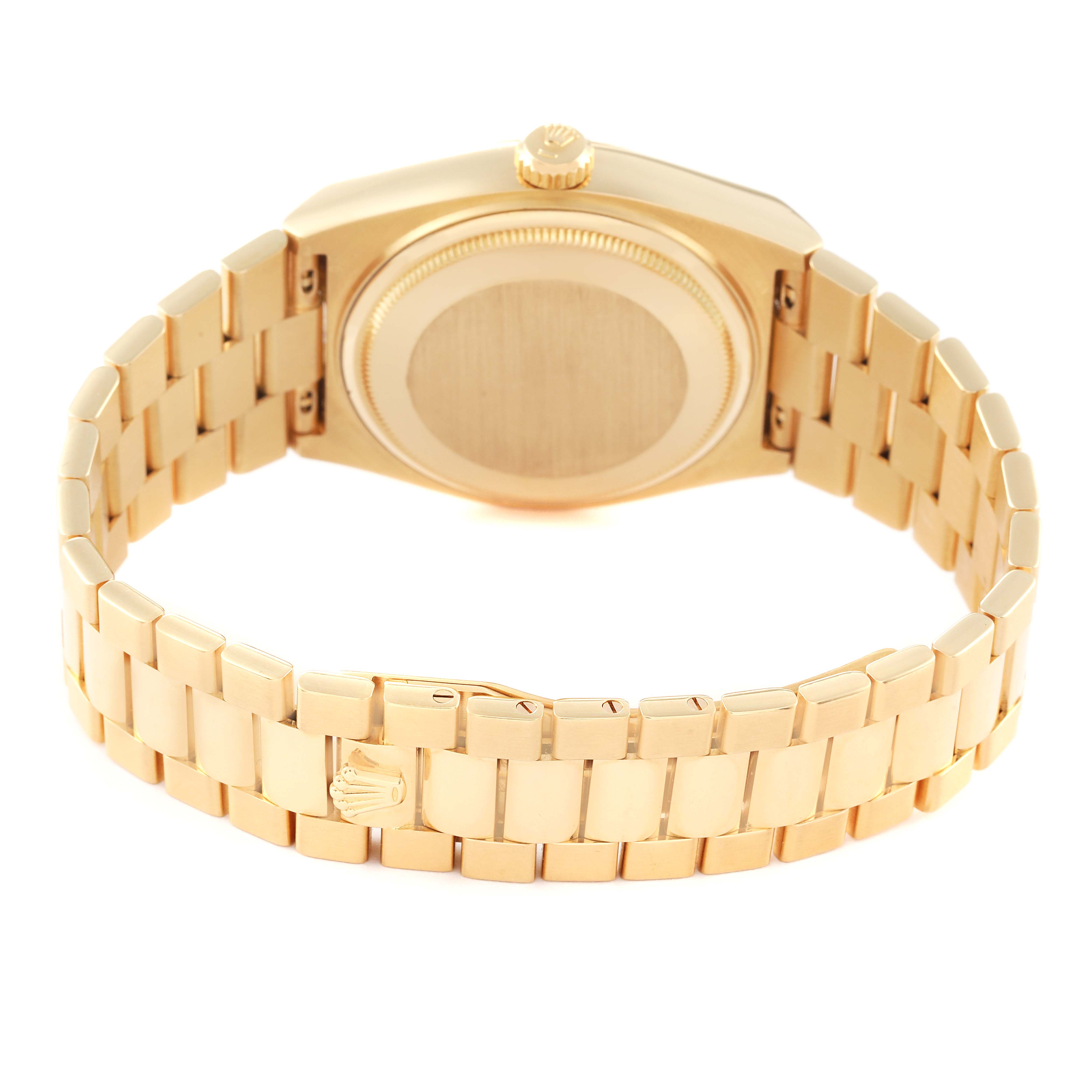This image shows the back and bracelet of the Rolex President 19018 Men
s Yellow Gold Champagne Dial 19018 Men
s Yellow Gold Champagne Dial model watch, highlighting its gold case and band.