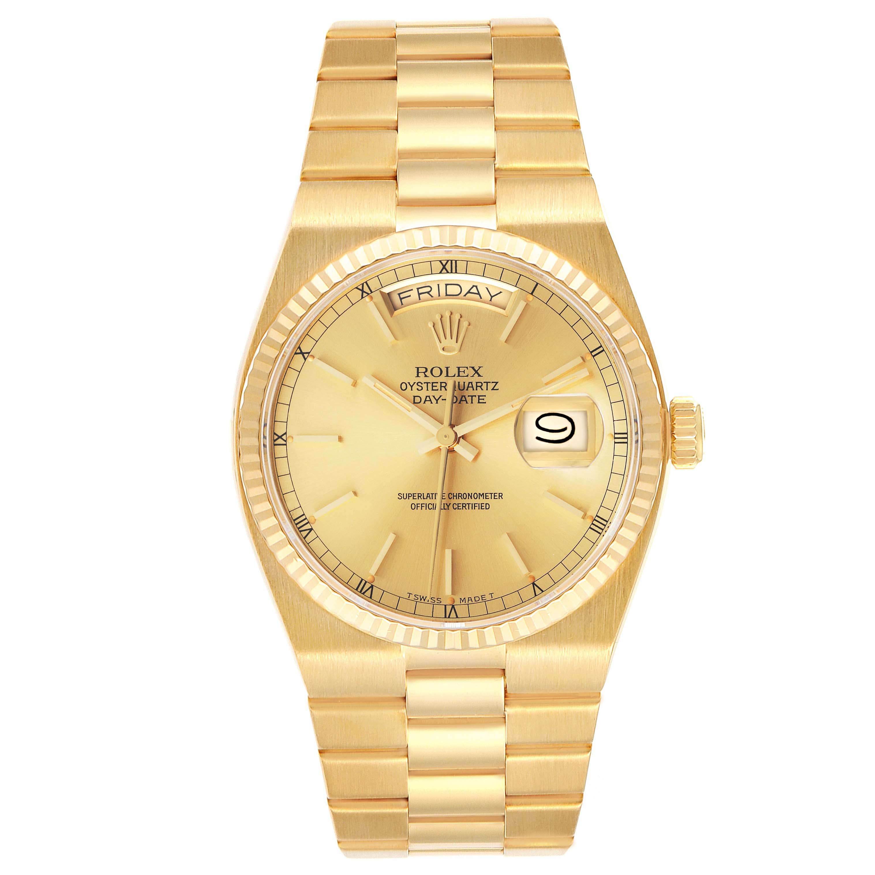The image shows a front view of a Rolex President 19018 Men
s Yellow Gold Champagne Dial 19018 Men
s Yellow Gold Champagne Dial model watch, displaying its dial, bracelet, bezel, and crown.