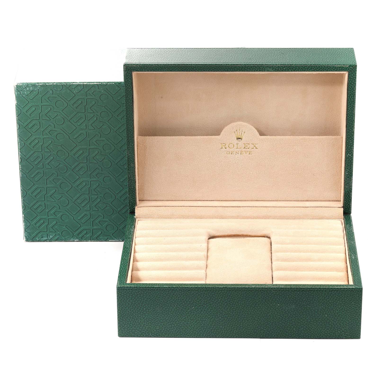 The image shows an open green Rolex President 19018 Men
s Yellow Gold Champagne Dial 19018 Men
s Yellow Gold Champagne Dial model watch box with beige interior and compartments.