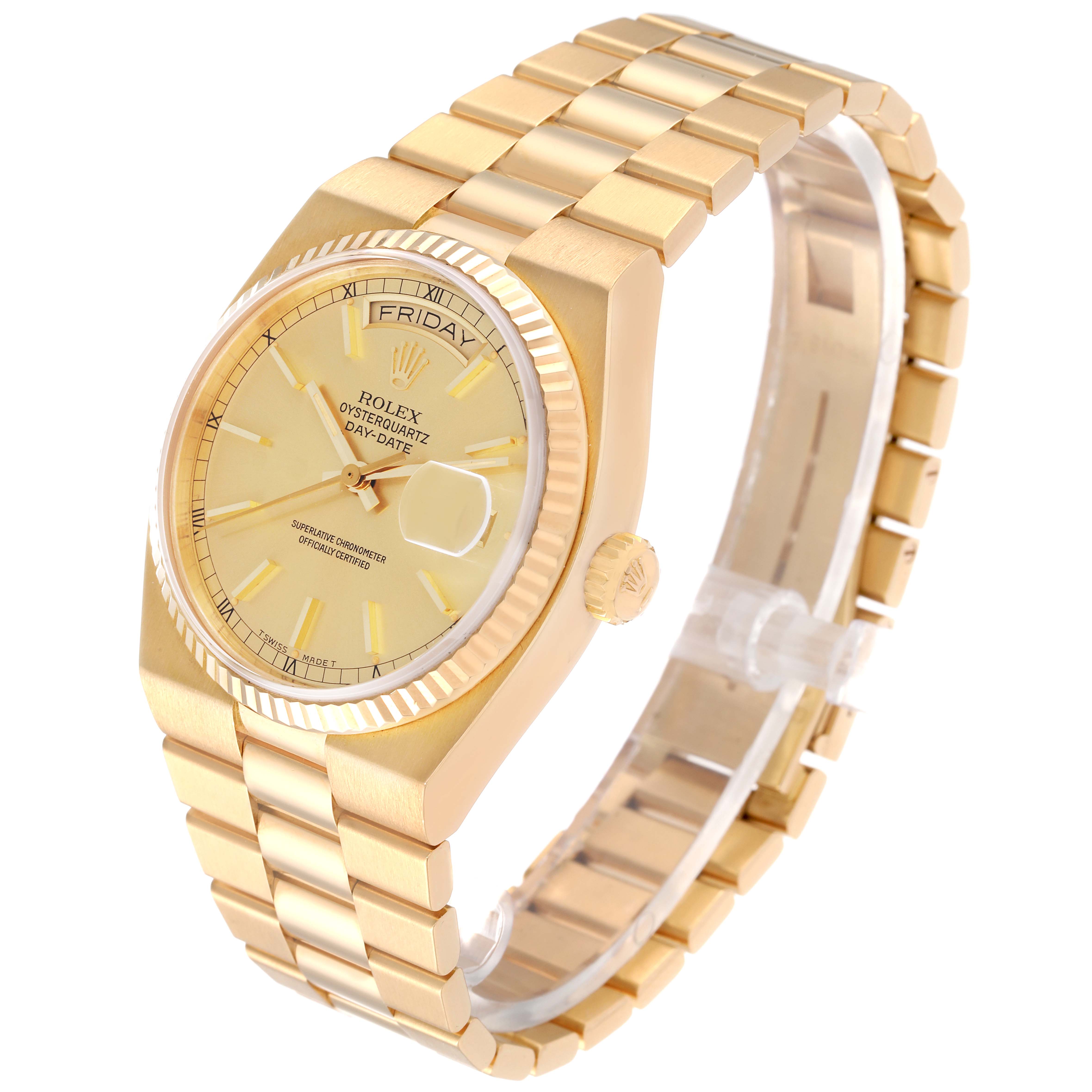 This image shows a Rolex President 19018 Men
s Yellow Gold Champagne Dial 19018 Men
s Yellow Gold Champagne Dial model watch at a side angle, highlighting its bracelet, crown, and face with a day-date display.