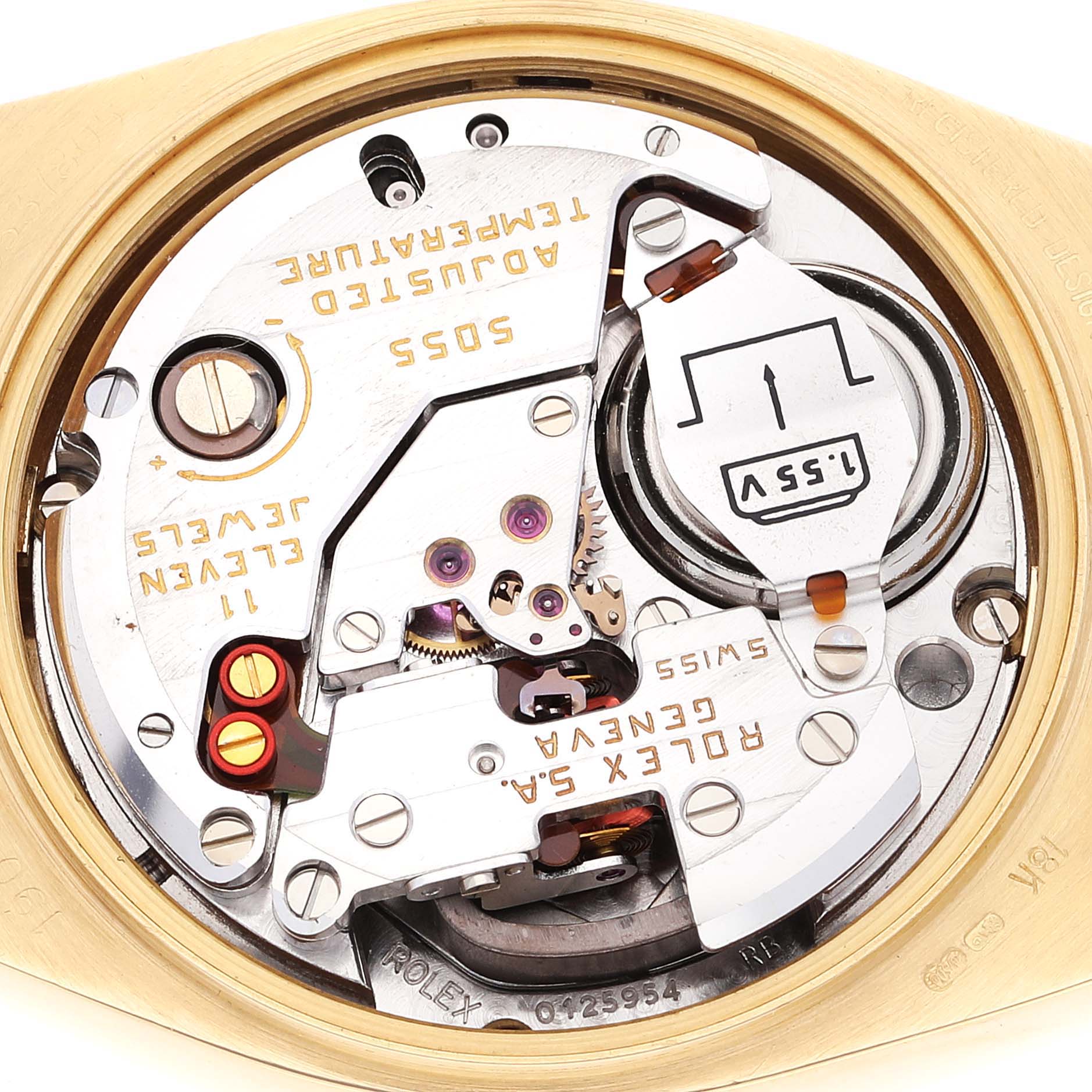 This close-up image shows the internal movement mechanism of a Rolex President 19018 Men
s Yellow Gold Champagne Dial 19018 Men
s Yellow Gold Champagne Dial model watch.
