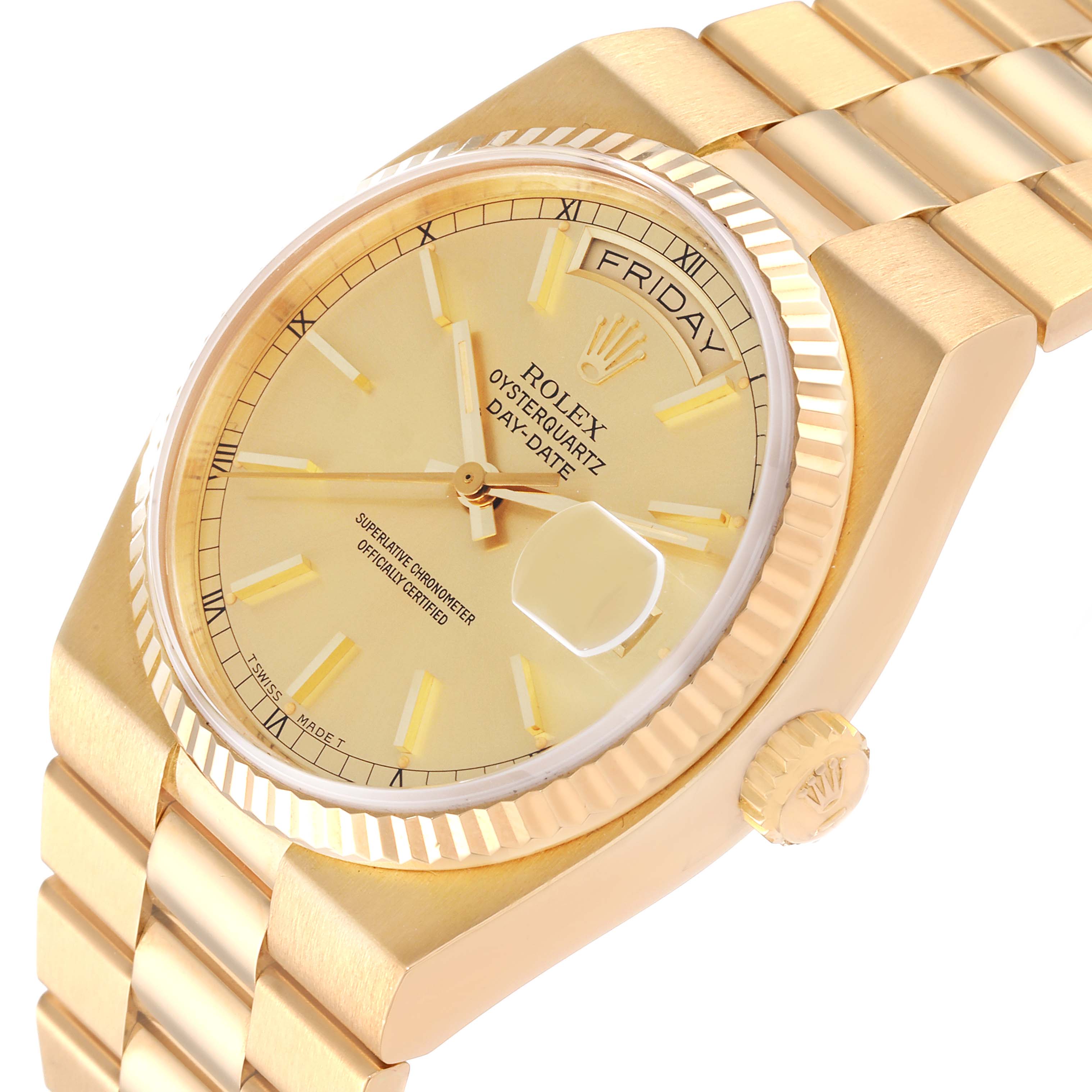 This image shows a diagonal view of a gold Rolex President 19018 Men
s Yellow Gold Champagne Dial 19018 Men
s Yellow Gold Champagne Dial model watch, displaying the face, crown, and part of the bracelet.