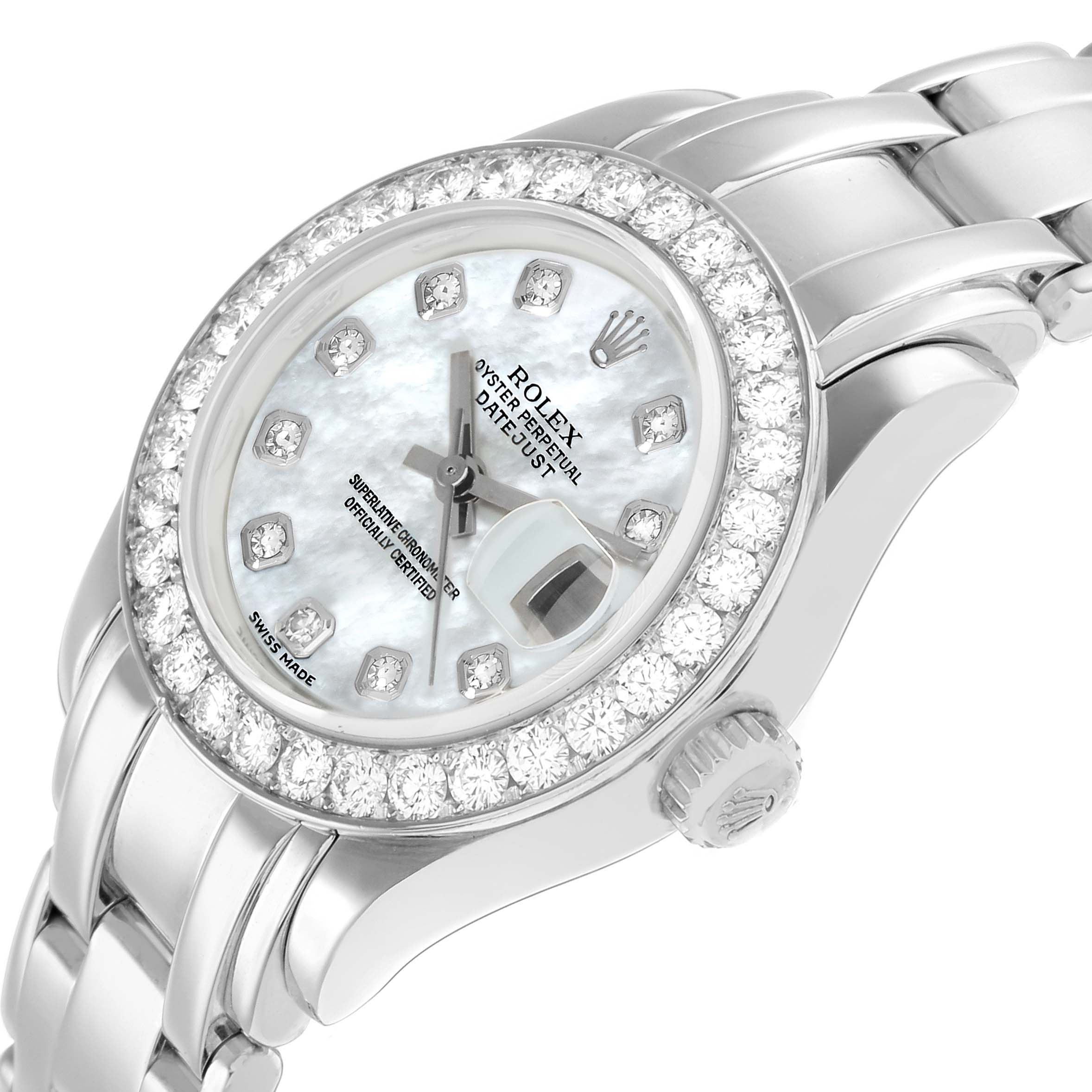 The Rolex Pearlmaster 80299 Women
s White Gold Mother of Pearl Dial watch is shown from a side-top angle, highlighting the diamond bezel, dial, crown, and bracelet.