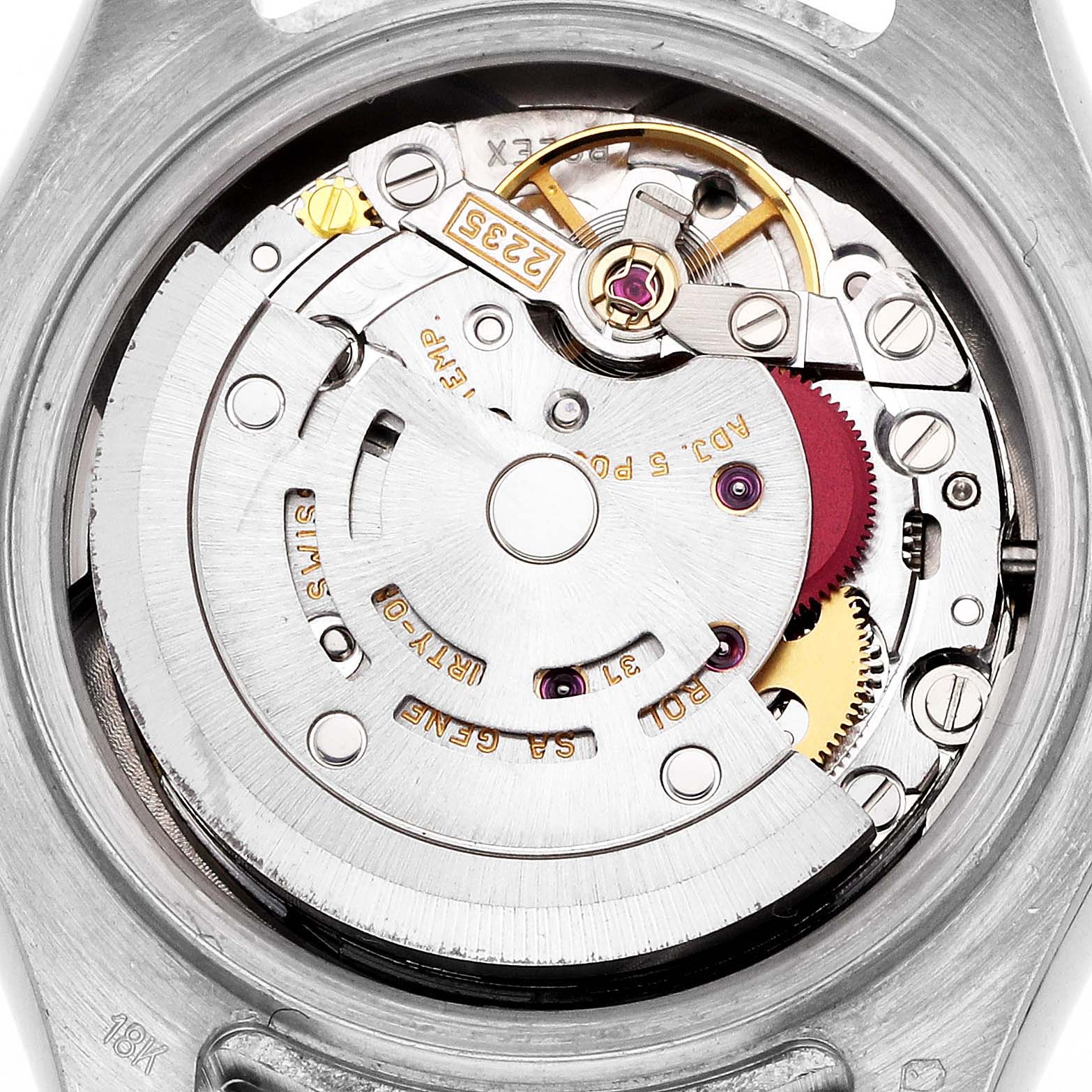 The image shows the movement mechanism of a Rolex Pearlmaster 80299 Women
s White Gold Mother of Pearl Dial watch viewed from the back, highlighting gears and components.