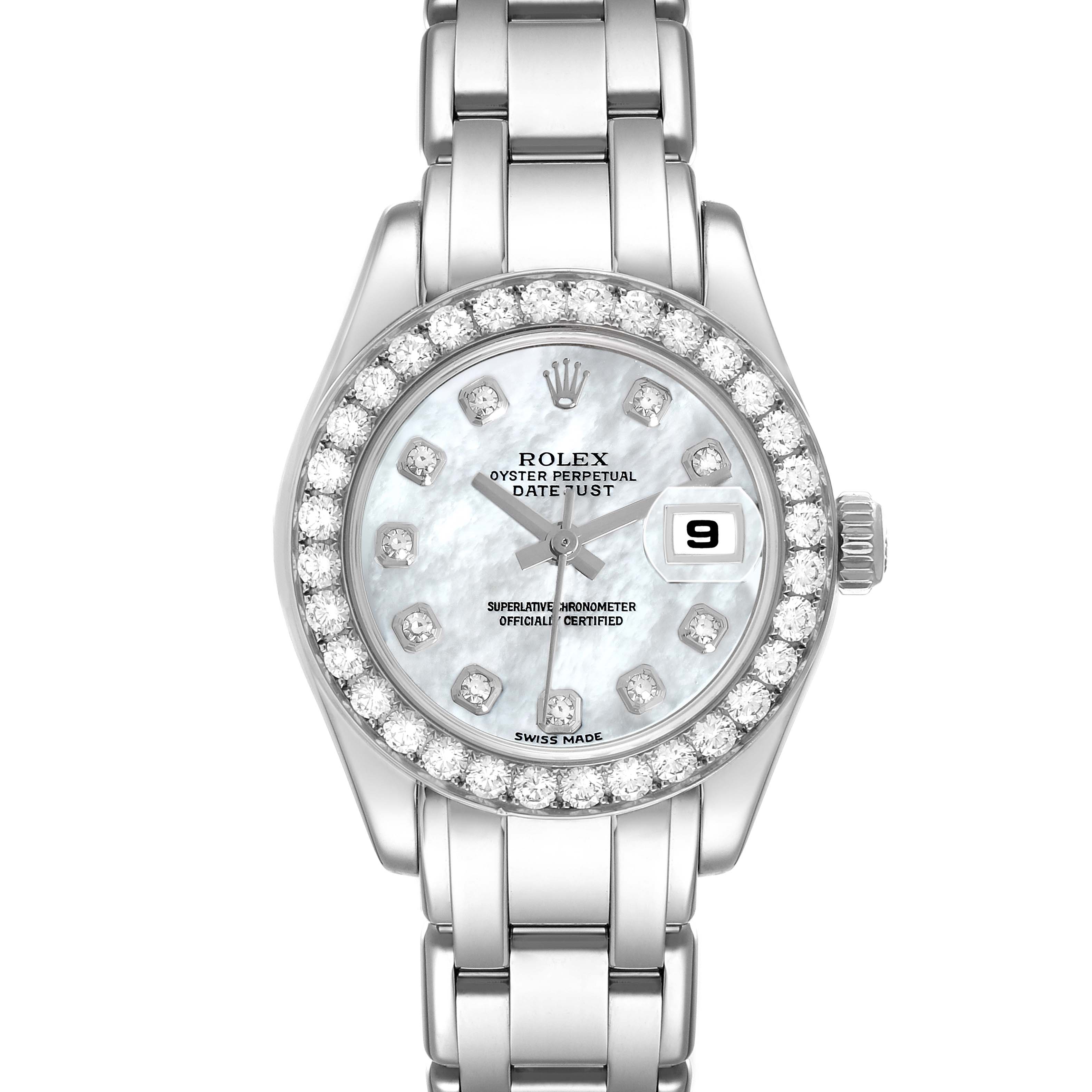 The Rolex Pearlmaster 80299 Women
s White Gold Mother of Pearl Dial watch is shown from a frontal angle, highlighting its bracelet, diamond bezel, dial, and date display.