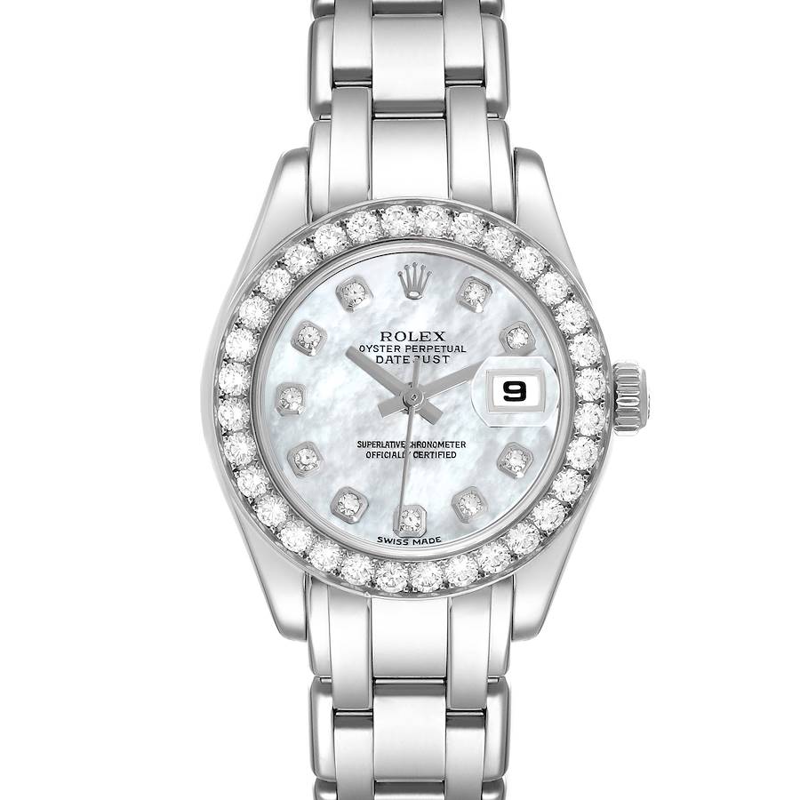 The Rolex Pearlmaster 80299 Women's White Gold Mother of Pearl Dial watch is shown from a frontal angle, highlighting its bracelet, diamond bezel, dial, and date display.
