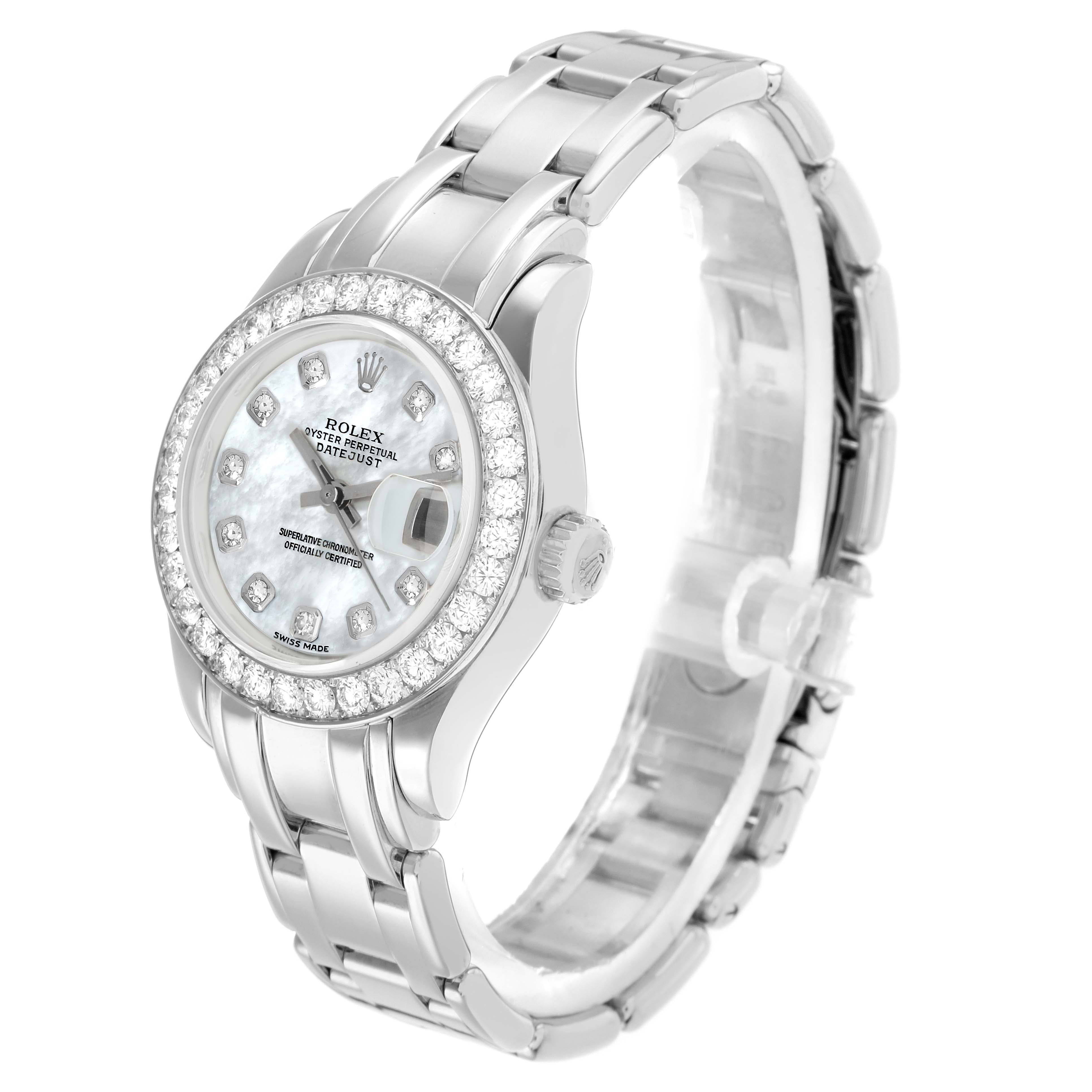 The Rolex Pearlmaster 80299 Women
s White Gold Mother of Pearl Dial watch is shown at a three-quarter angle, showcasing the face, bezel, bracelet, and crown.