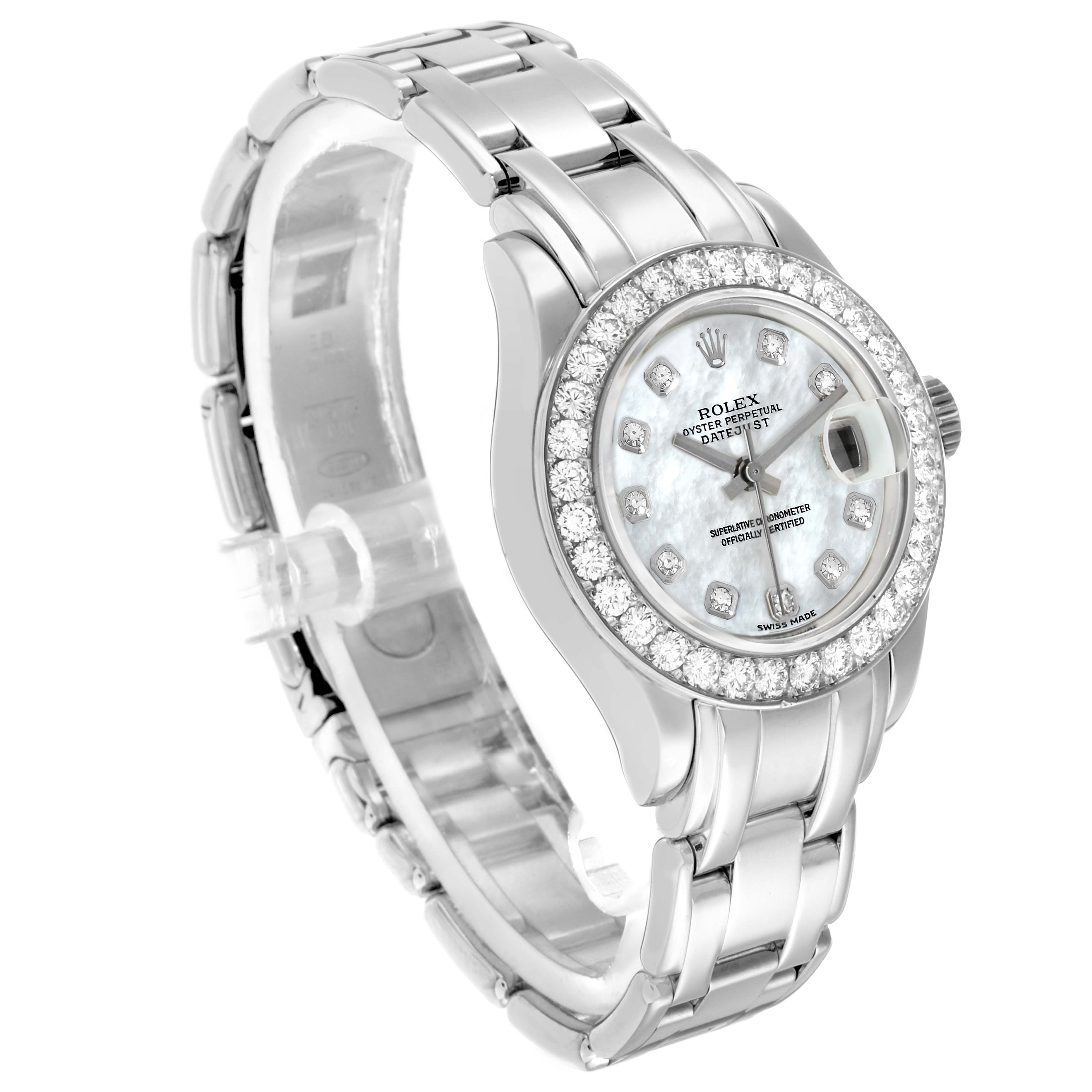 The Rolex Pearlmaster 80299 Women
s White Gold Mother of Pearl Dial watch is shown at a three-quarter angle, displaying the face, bezel, and part of the bracelet.