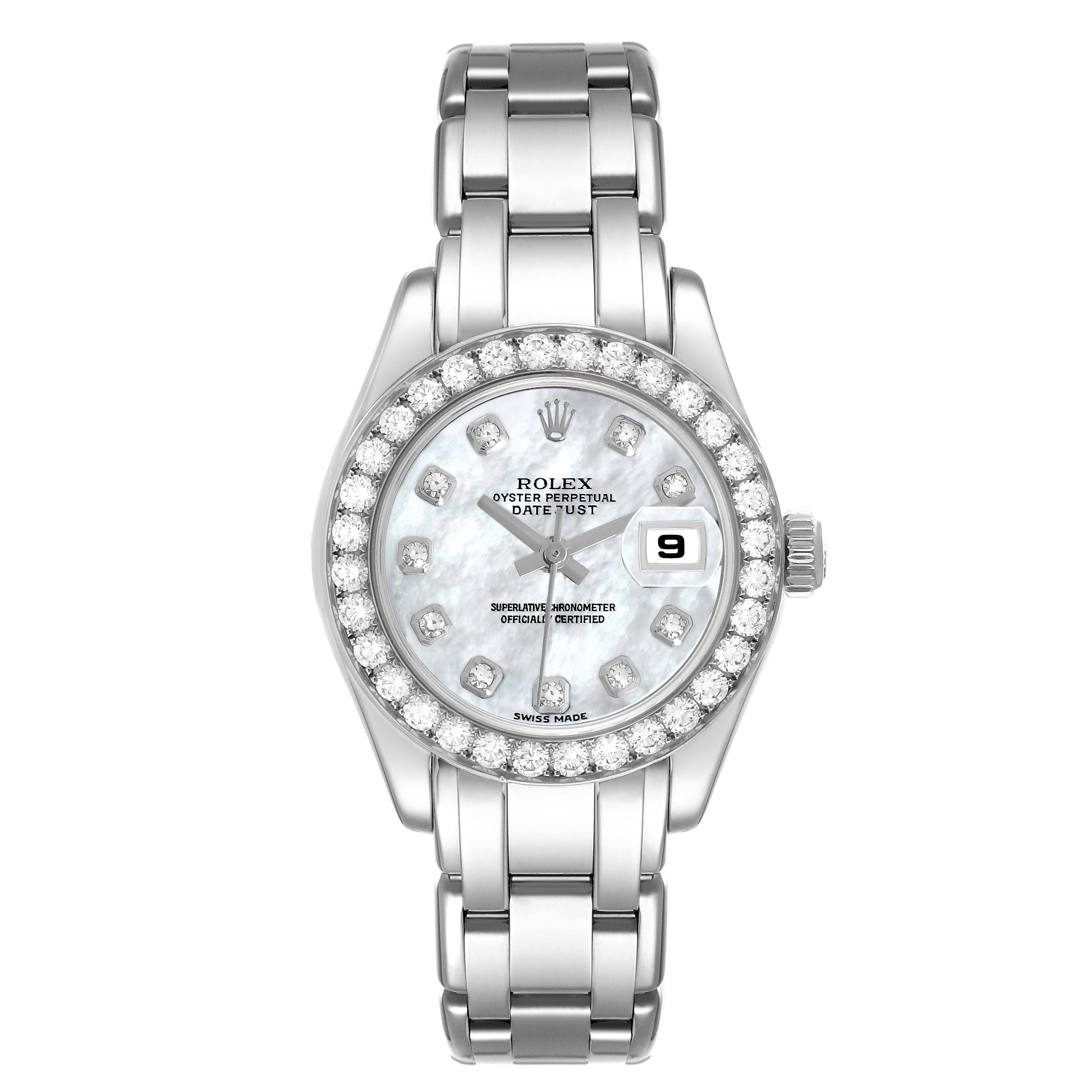 The Rolex Pearlmaster 80299 Women
s White Gold Mother of Pearl Dial is shown from the front, highlighting the dial, bezel, bracelet, and date feature.