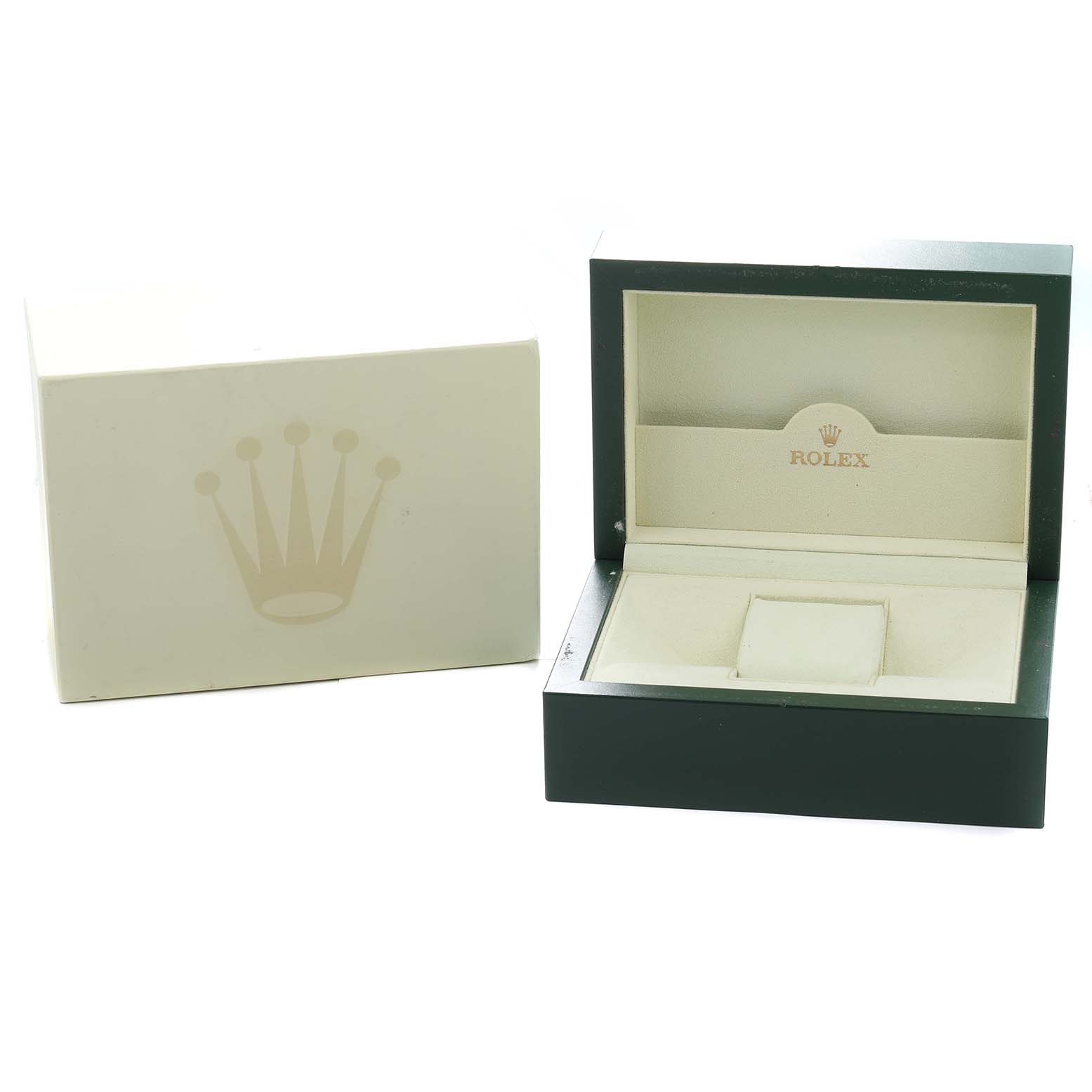 The image shows an open Rolex Pearlmaster 80299 Women
s White Gold Mother of Pearl Dial watch box with a lid, display cushion, and outer sleeve from a front angle.