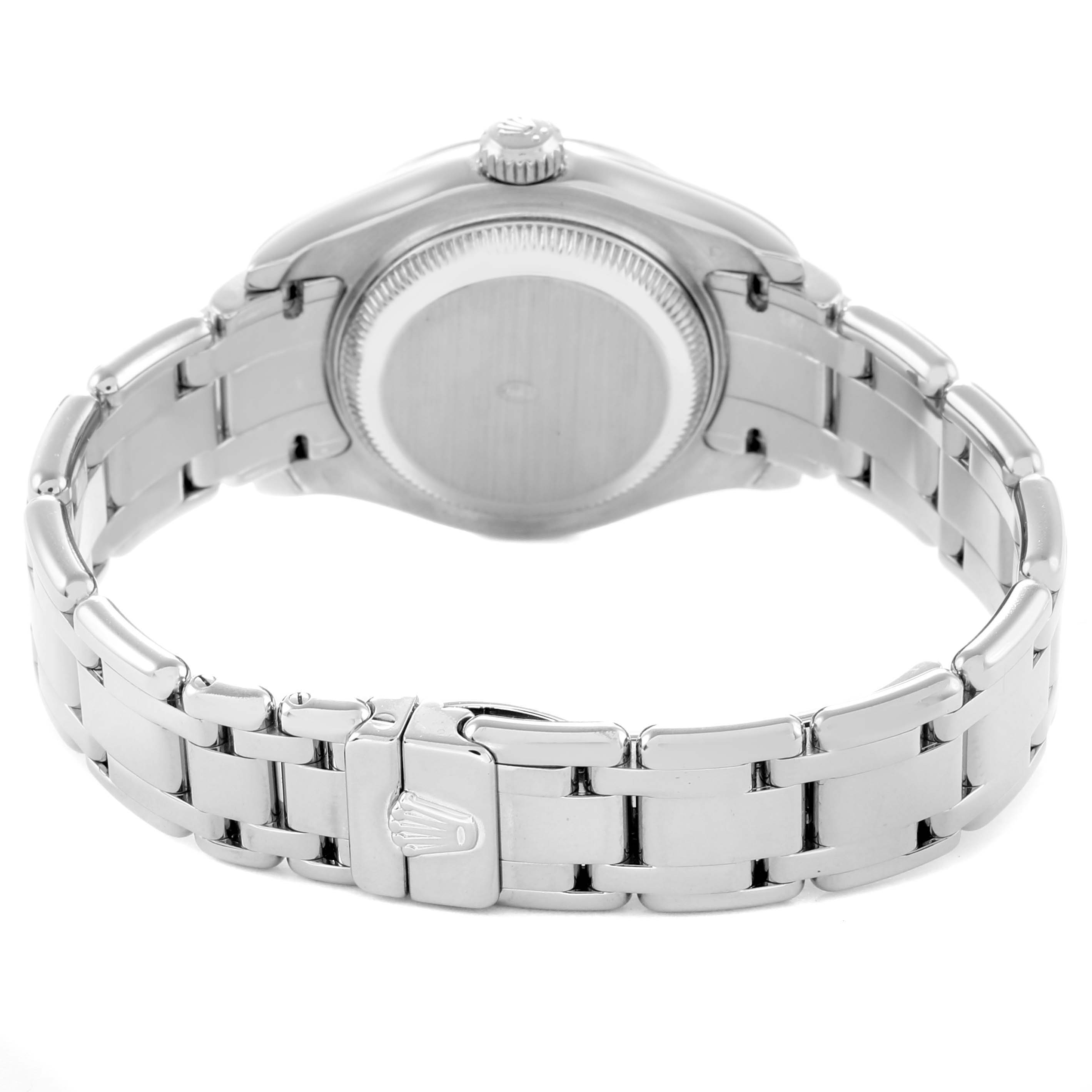 The image shows the back casing and bracelet of the Rolex Pearlmaster 80299 Women
s White Gold Mother of Pearl Dial watch from a rear angle.