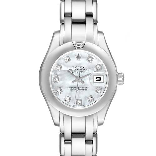 The Rolex Pearlmaster watch is shown from a front angle, displaying the dial, bezel, and bracelet.