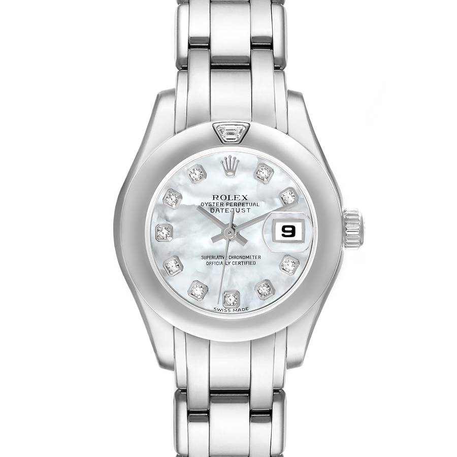 The Rolex Pearlmaster watch is shown from the front, displaying its face, bezel, and bracelet.