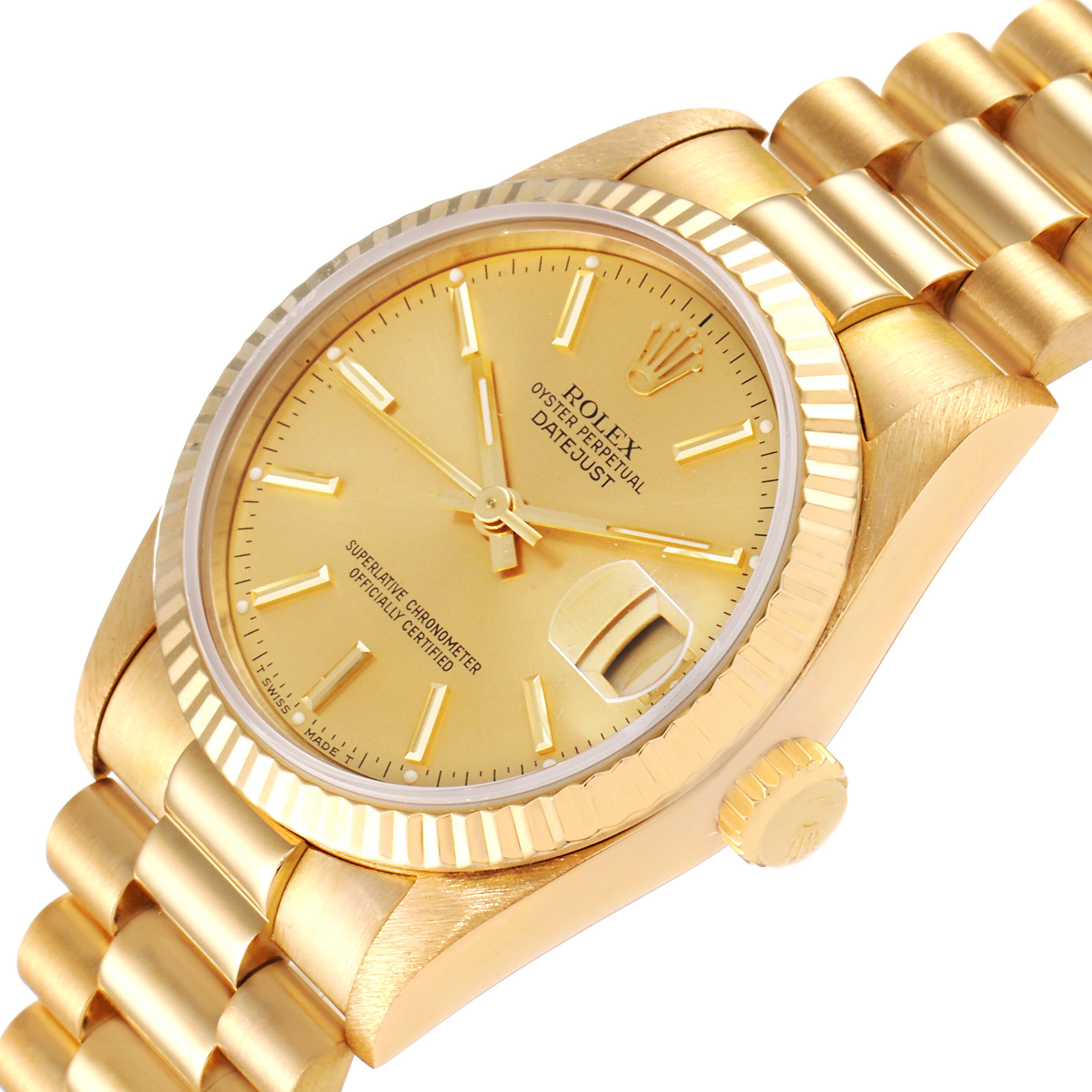 The image shows a Rolex President 68278 Women's Yellow Gold Champagne Dial 68278 Women's Yellow Gold Champagne Dial model, taken at an angle, displaying the face, bracelet, crown, and date magnifier.