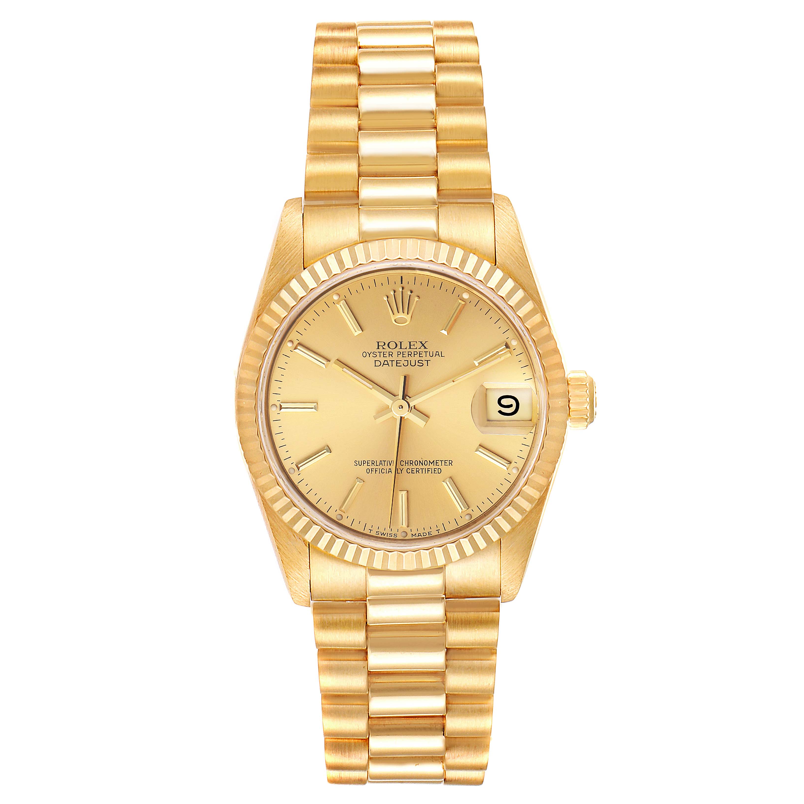 The image shows a front view of a Rolex President 68278 Women's Yellow Gold Champagne Dial 68278 Women's Yellow Gold Champagne Dial model watch, highlighting the dial, bezel, bracelet, and crown.