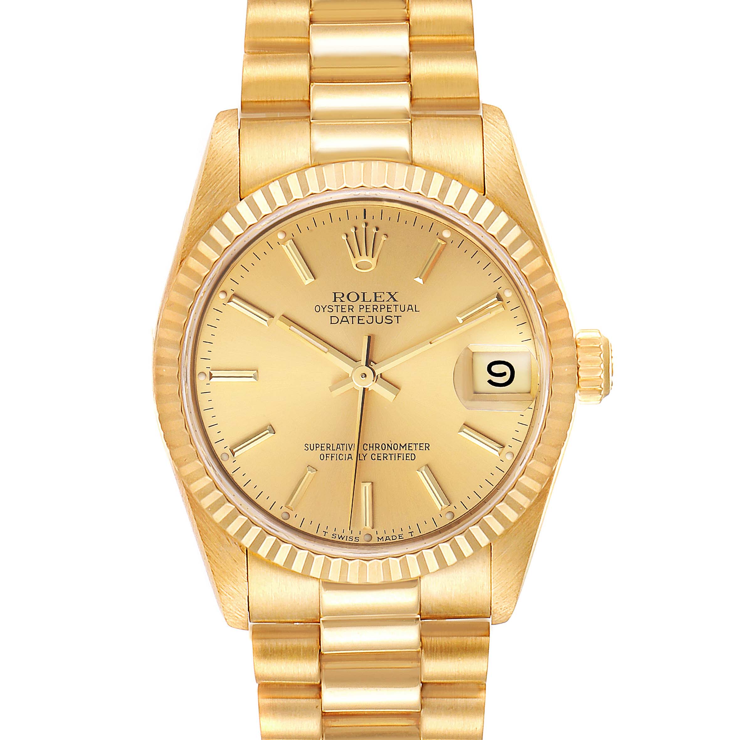 This image shows the front view of a Rolex President 68278 Women's Yellow Gold Champagne Dial 68278 Women's Yellow Gold Champagne Dial Datejust watch, highlighting its gold dial, fluted bezel, and bracelet.