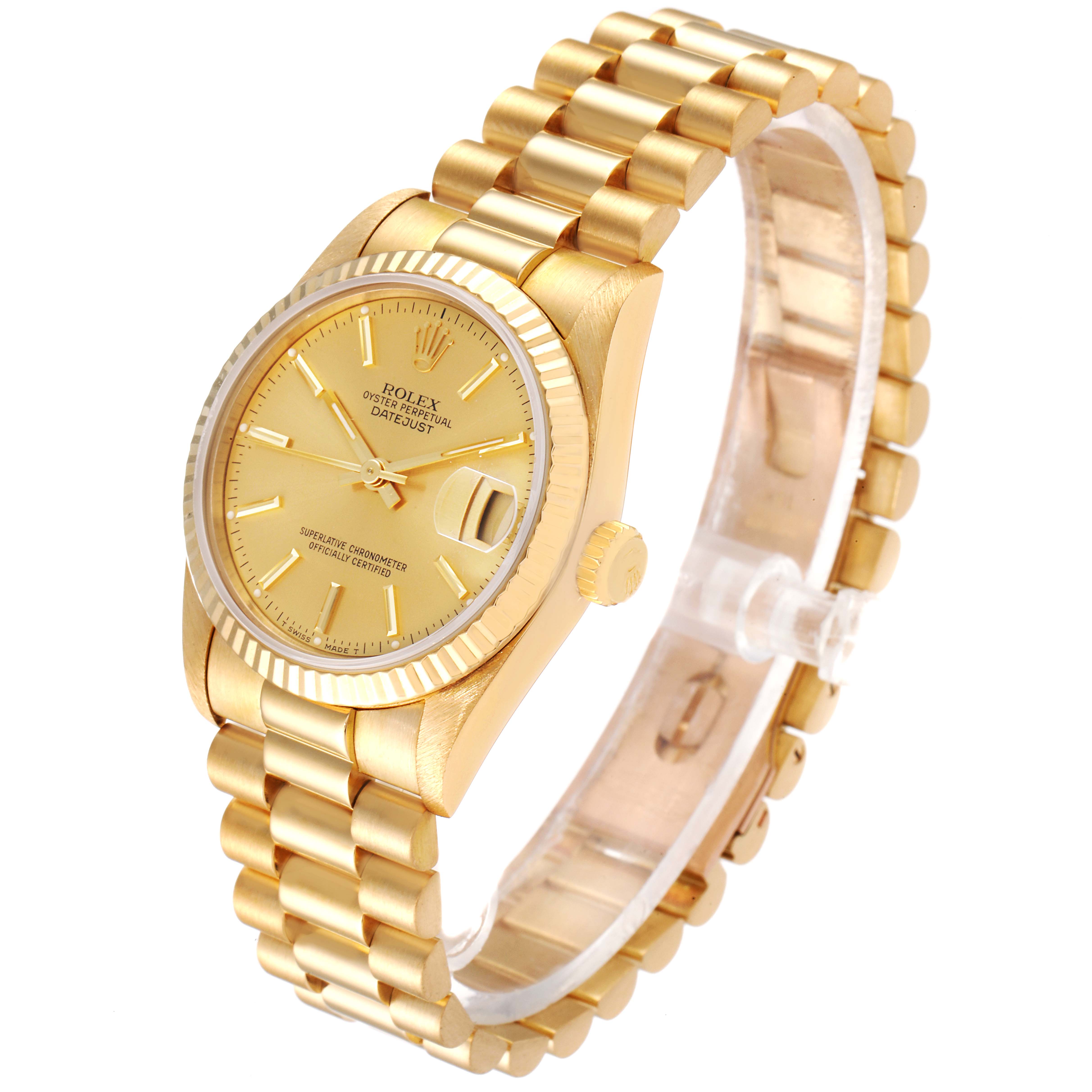 This image shows a Rolex President 68278 Women's Yellow Gold Champagne Dial 68278 Women's Yellow Gold Champagne Dial model watch at an angle displaying the face, bezel, crown, and bracelet.