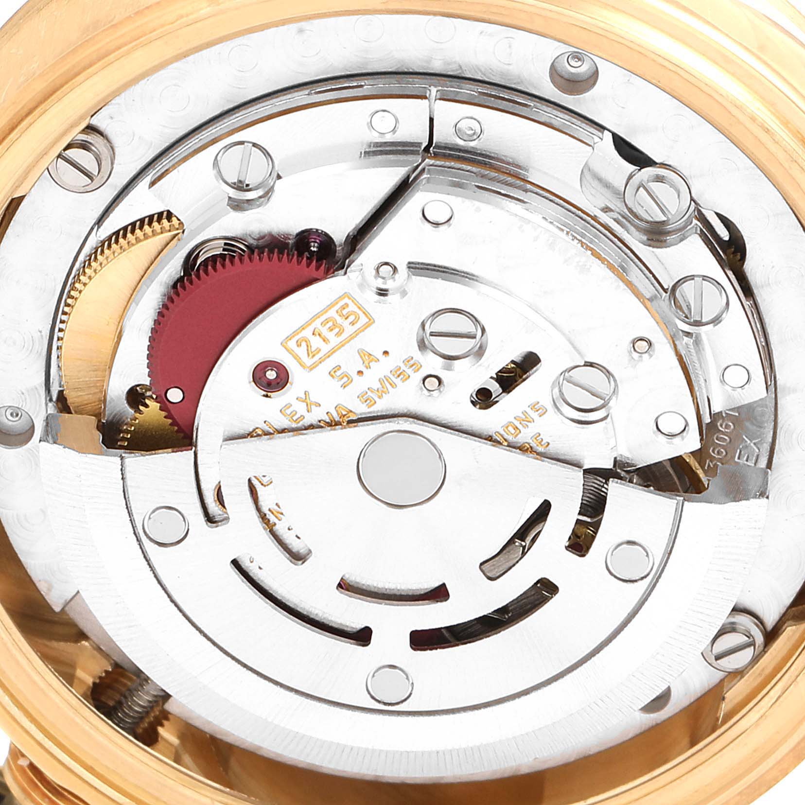 This image shows a close-up view of the internal mechanism of a Rolex President 68278 Women's Yellow Gold Champagne Dial 68278 Women's Yellow Gold Champagne Dial model watch.