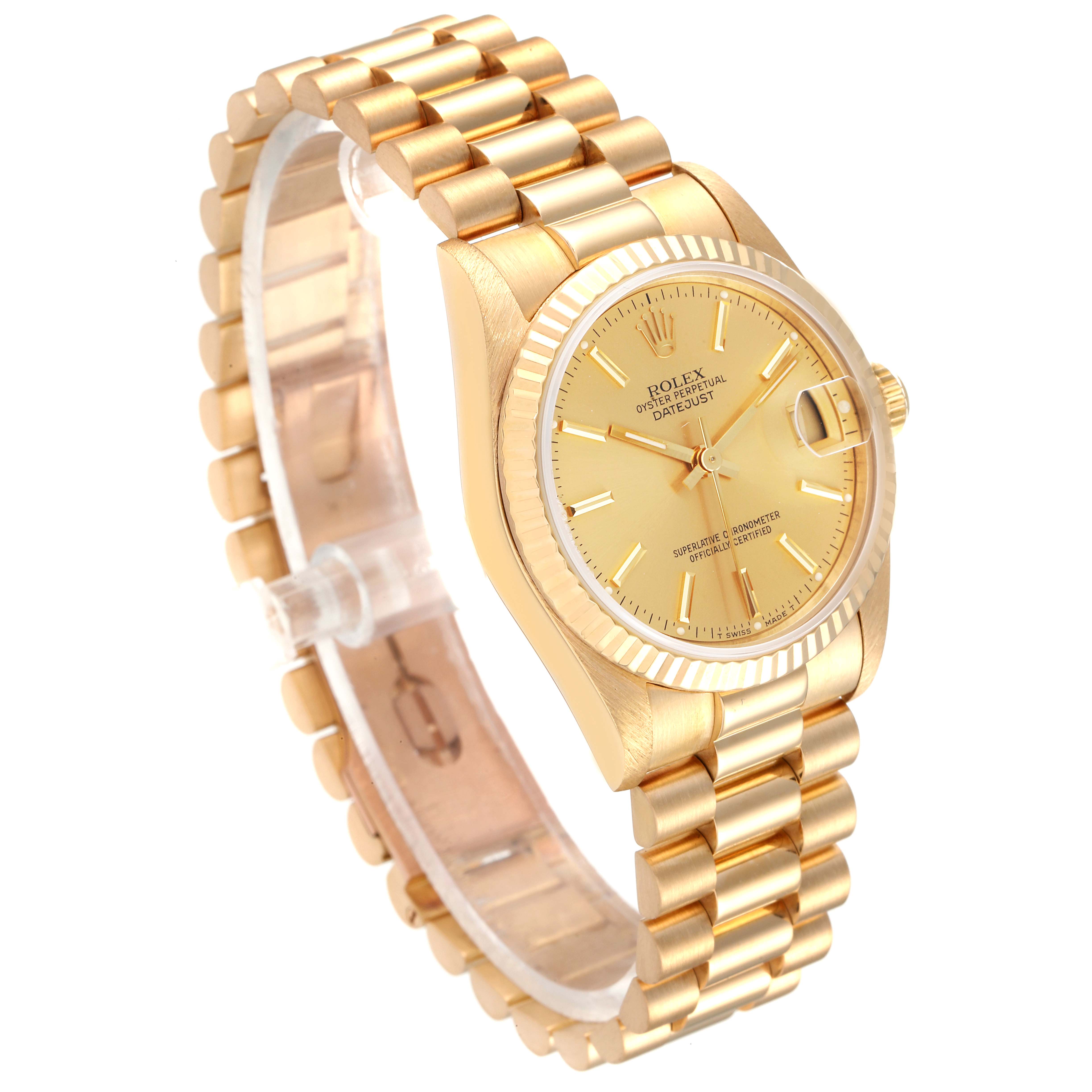 The image shows a Rolex President 68278 Women's Yellow Gold Champagne Dial 68278 Women's Yellow Gold Champagne Dial model watch at a slight angle displaying the bracelet, case, dial, and crown.