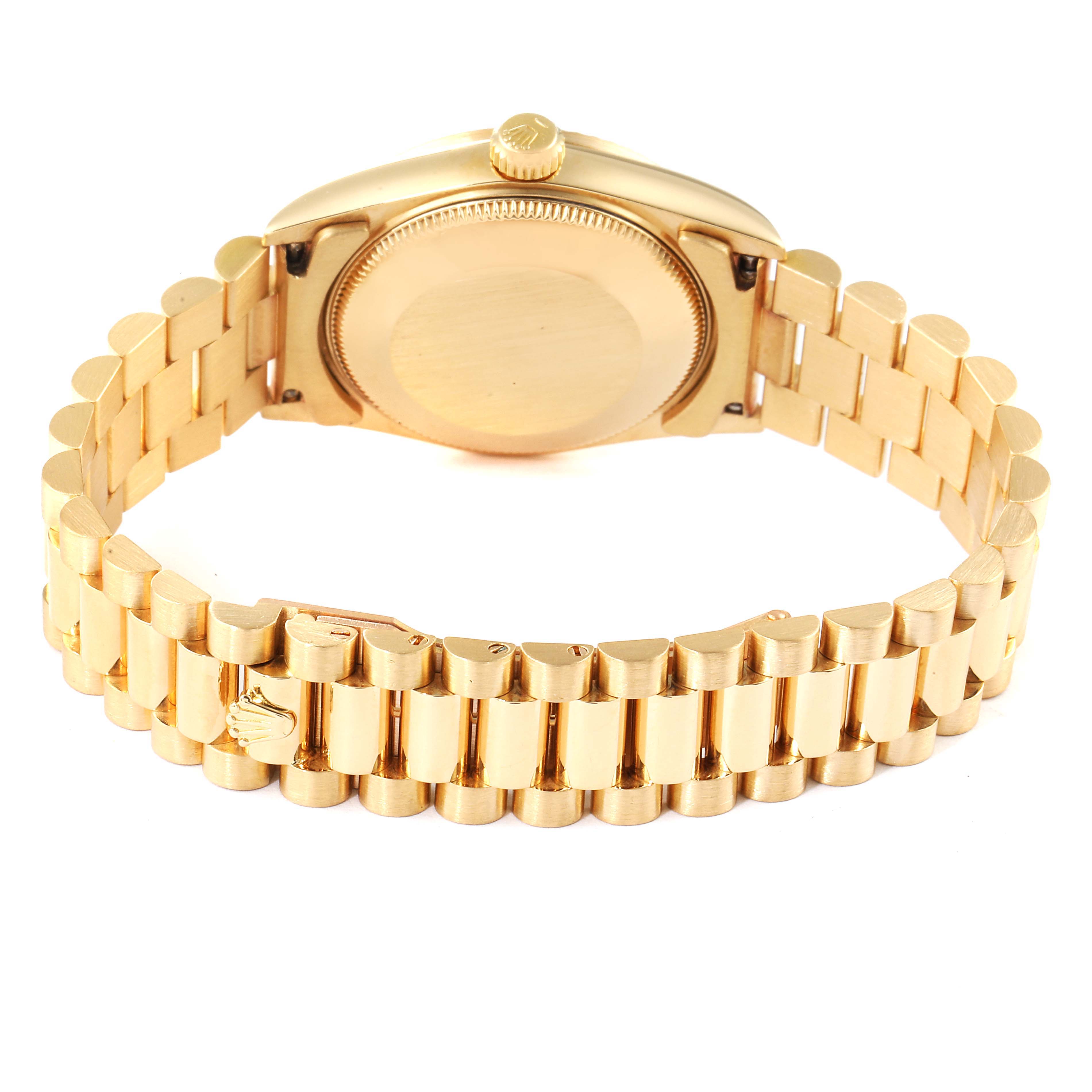 The image shows the back case and bracelet of a Rolex President 68278 Women's Yellow Gold Champagne Dial 68278 Women's Yellow Gold Champagne Dial model watch, viewed from the rear angle.