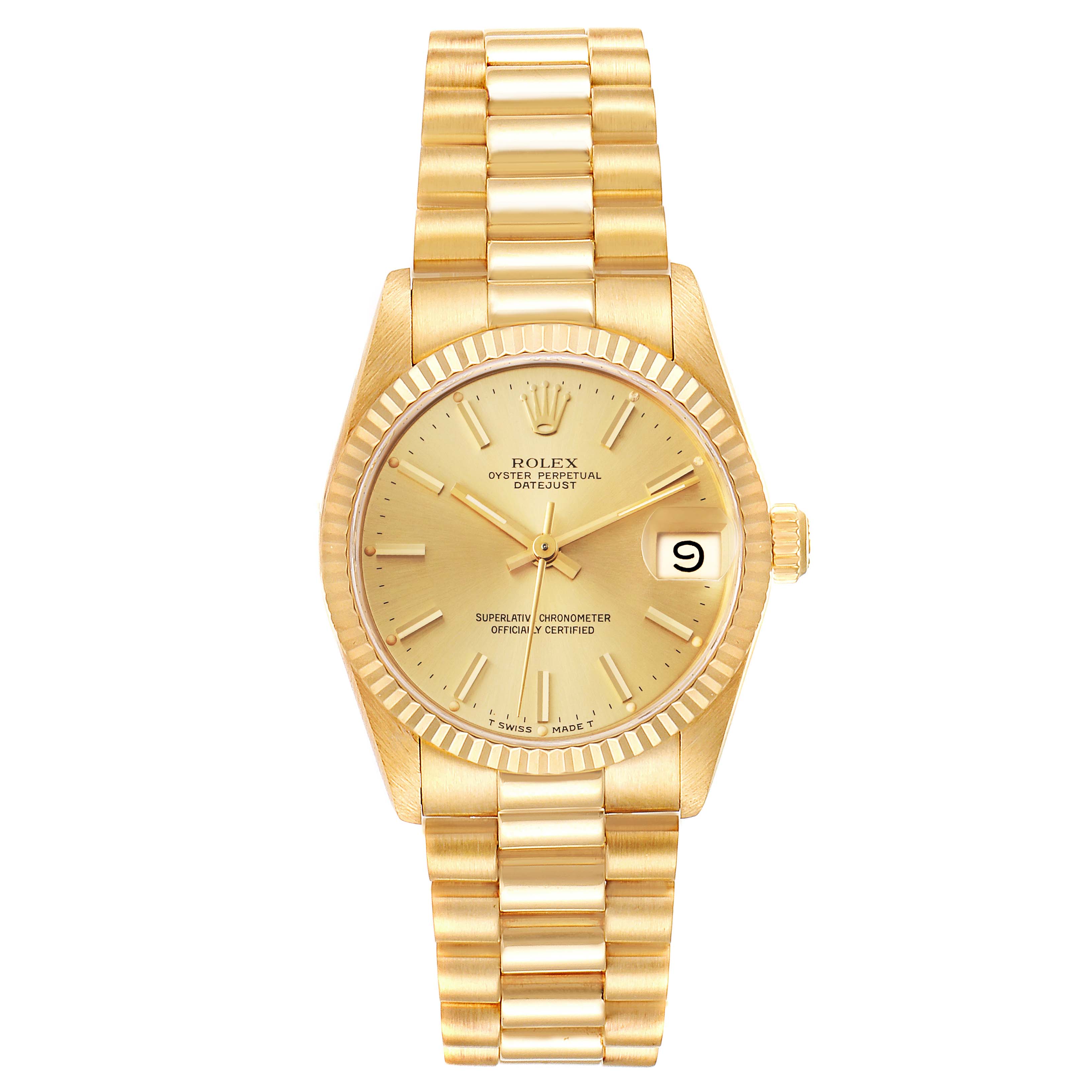 The image shows a frontal view of a Rolex President 68278 Women's Yellow Gold Champagne Dial 68278 Women's Yellow Gold Champagne Dial model watch, featuring its dial, bezel, and bracelet.