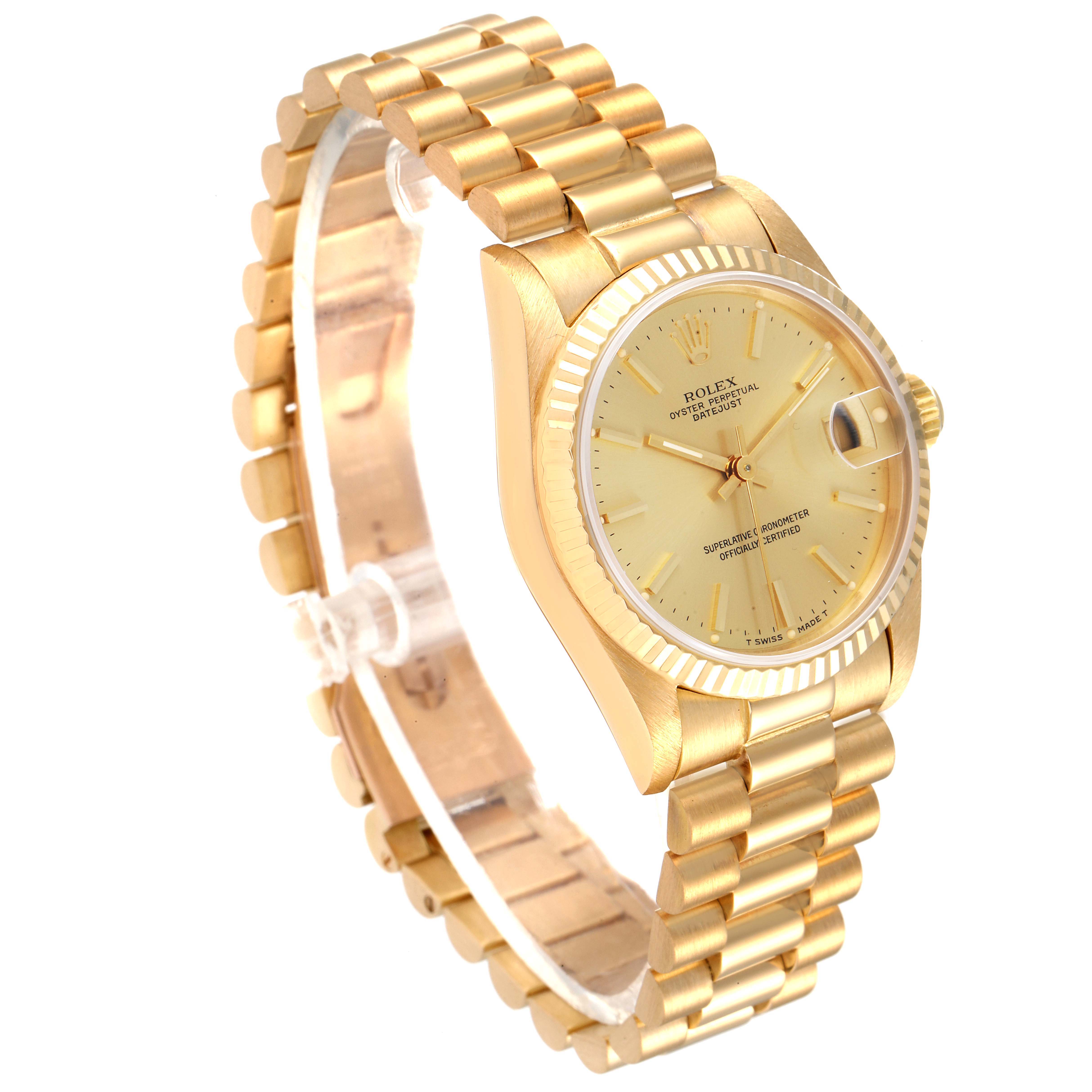 The image shows a side angle view of the Rolex President 68278 Women's Yellow Gold Champagne Dial 68278 Women's Yellow Gold Champagne Dial model watch, highlighting the dial, bezel, and bracelet.