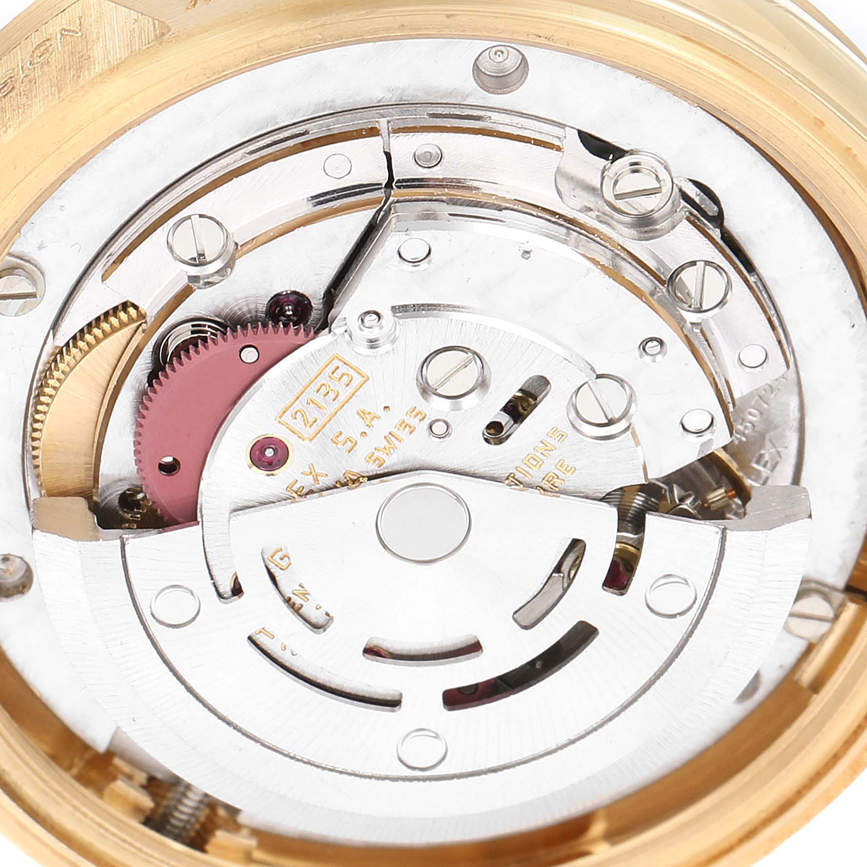 The image shows the internal movement mechanism of a Rolex President 68278 Women's Yellow Gold Champagne Dial 68278 Women's Yellow Gold Champagne Dial model watch from a top-down angle.