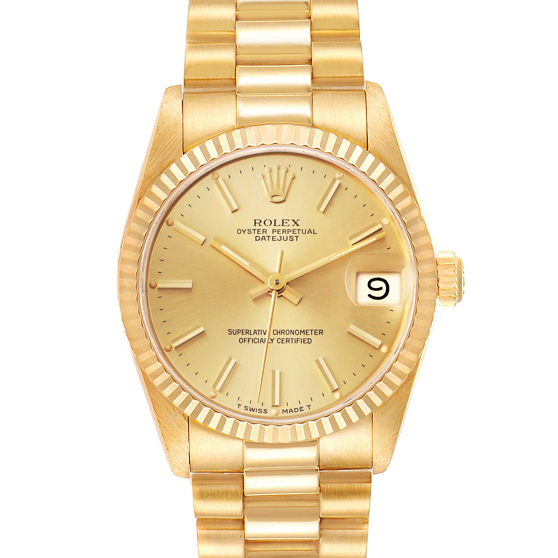 This image shows a front view of the Rolex President 68278 Women's Yellow Gold Champagne Dial 68278 Women's Yellow Gold Champagne Dial model watch with a gold face, gold bracelet, and date display.