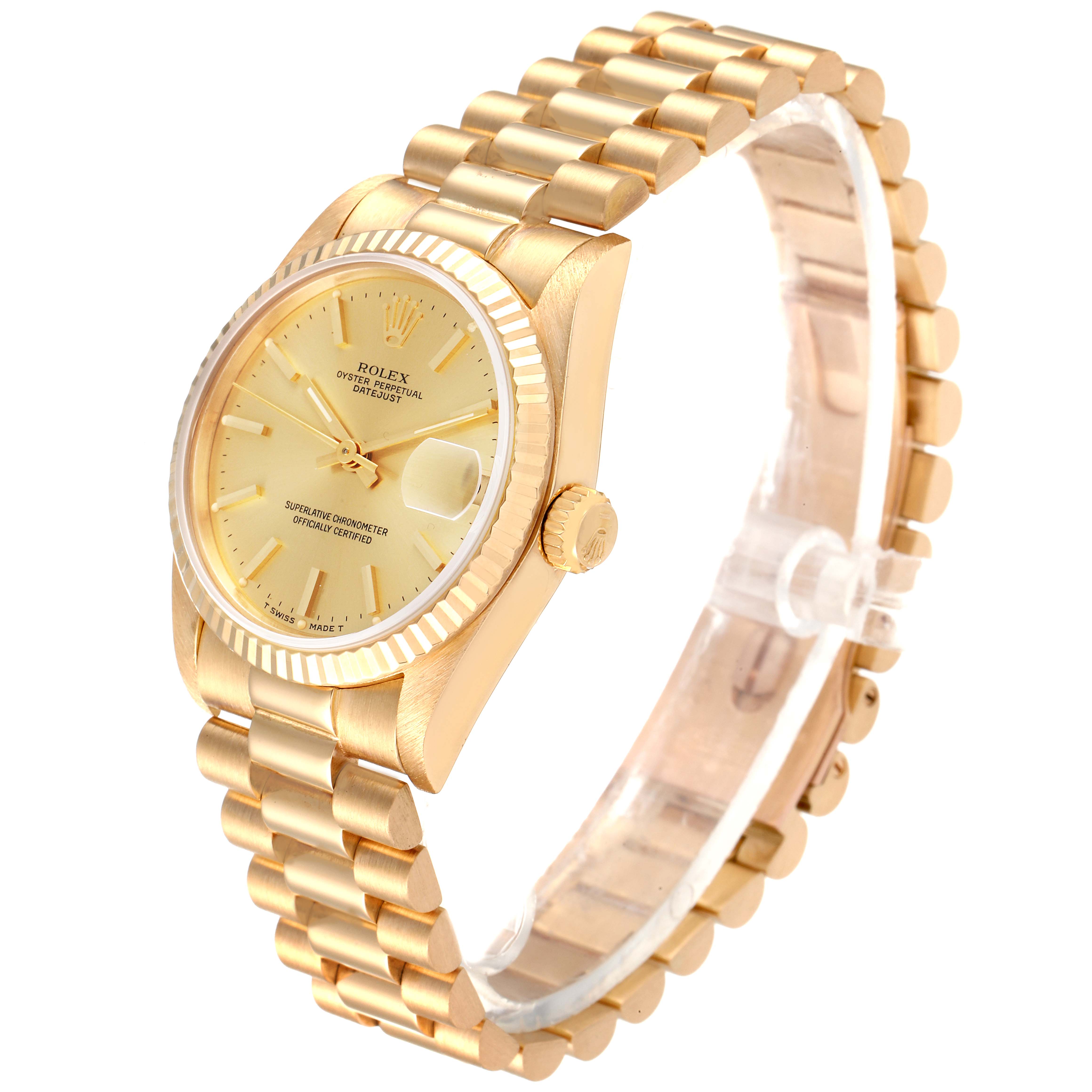 The image shows a side angle of a Rolex President 68278 Women's Yellow Gold Champagne Dial 68278 Women's Yellow Gold Champagne Dial model watch, highlighting its gold bracelet, case, dial, and date window.