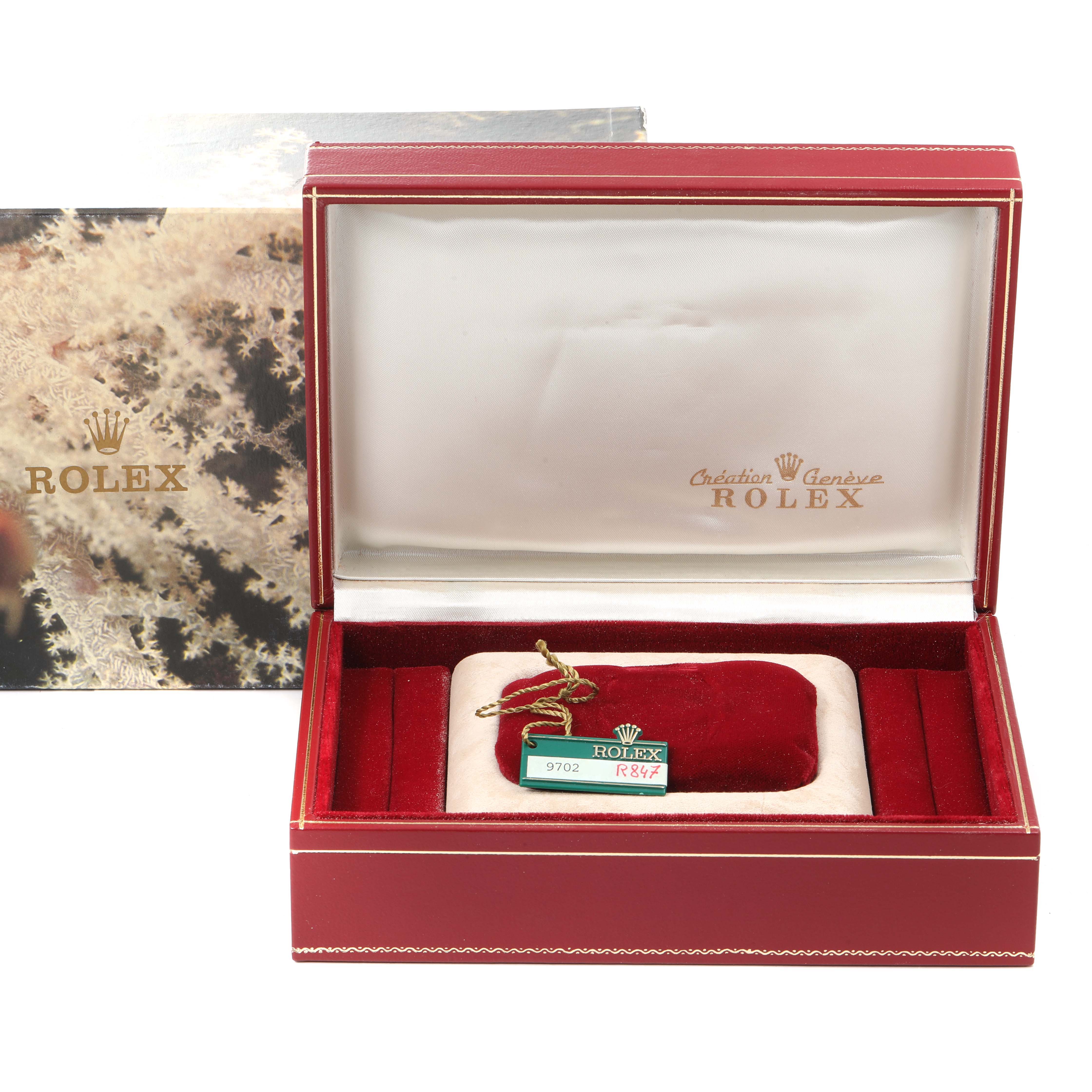 The image shows a Rolex President 68278 Women's Yellow Gold Champagne Dial 68278 Women's Yellow Gold Champagne Dial model watch box with a tag inside, seen from a front angle.