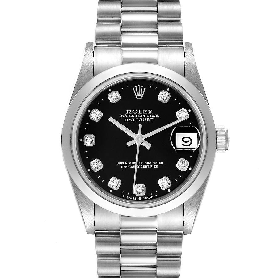 Rolex President Datejust Midsize Platinum Black Diamond Dial Watch 68246 SwissWatchExpo