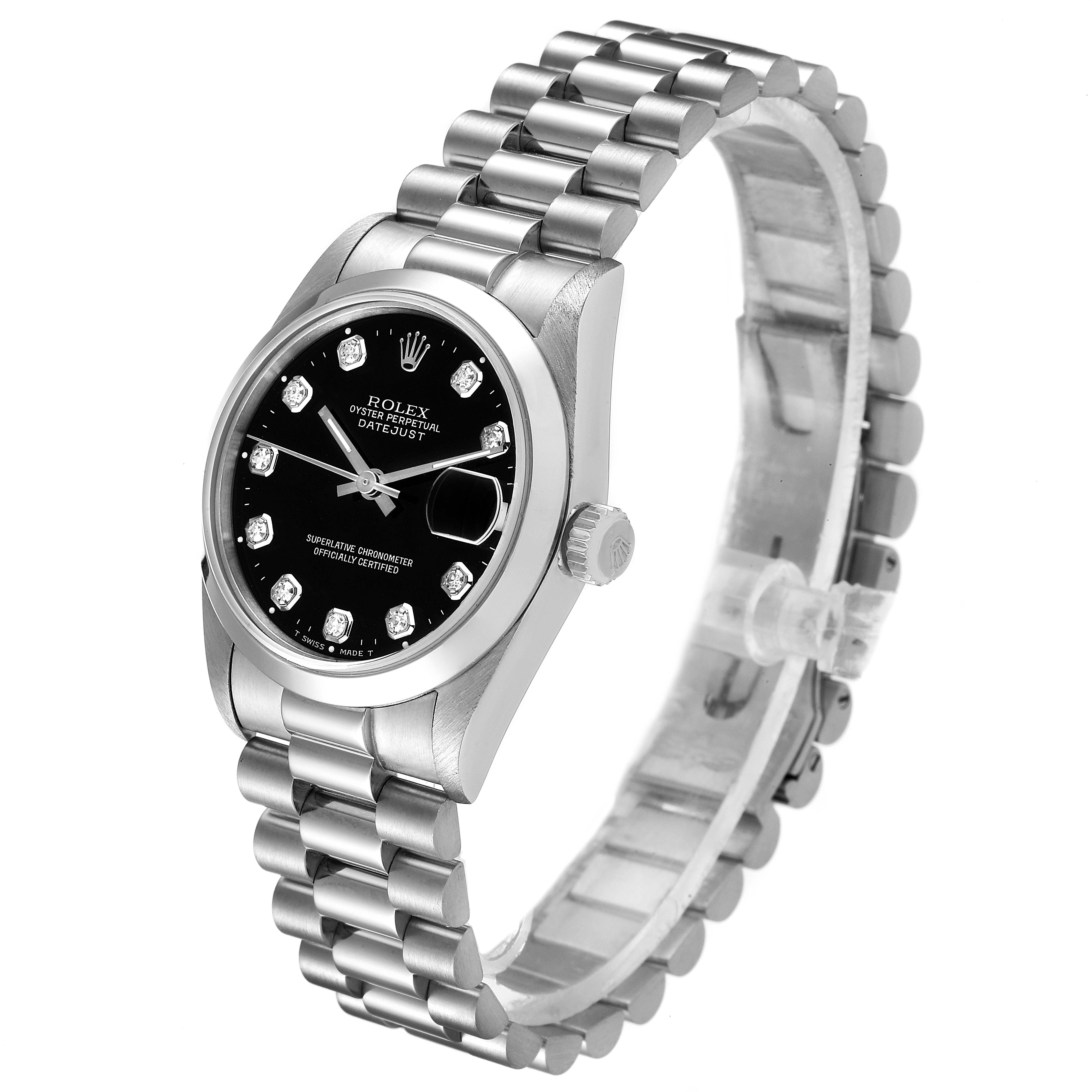 The image shows a Rolex President 68246 Women's Platinum Black Dial 68246 Women's Platinum Black Dial model watch at a three-quarter angle, highlighting the face, bezel, and bracelet.
