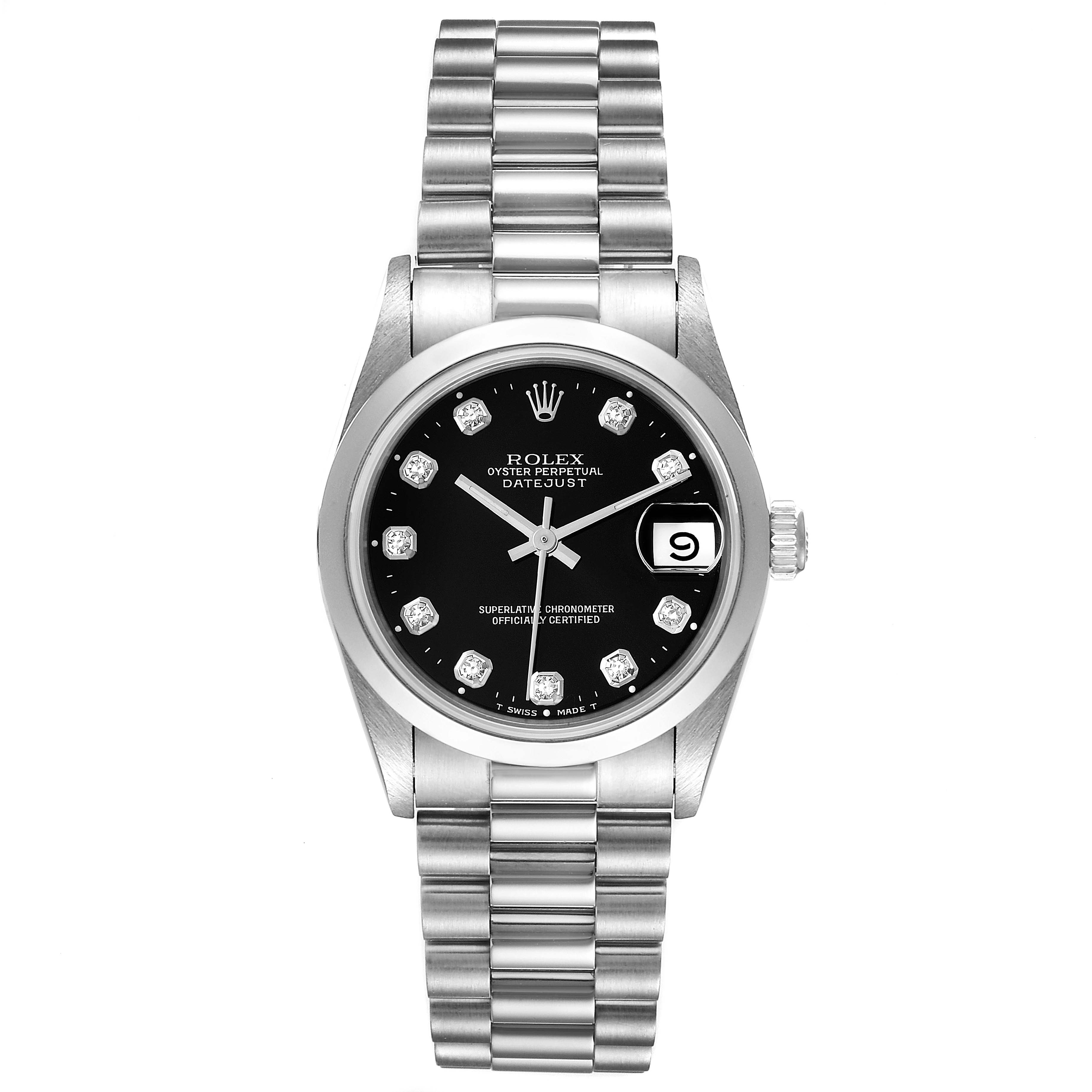 This image shows a front view of the Rolex President 68246 Women's Platinum Black Dial 68246 Women's Platinum Black Dial model watch, displaying its face, bezel, and bracelet.