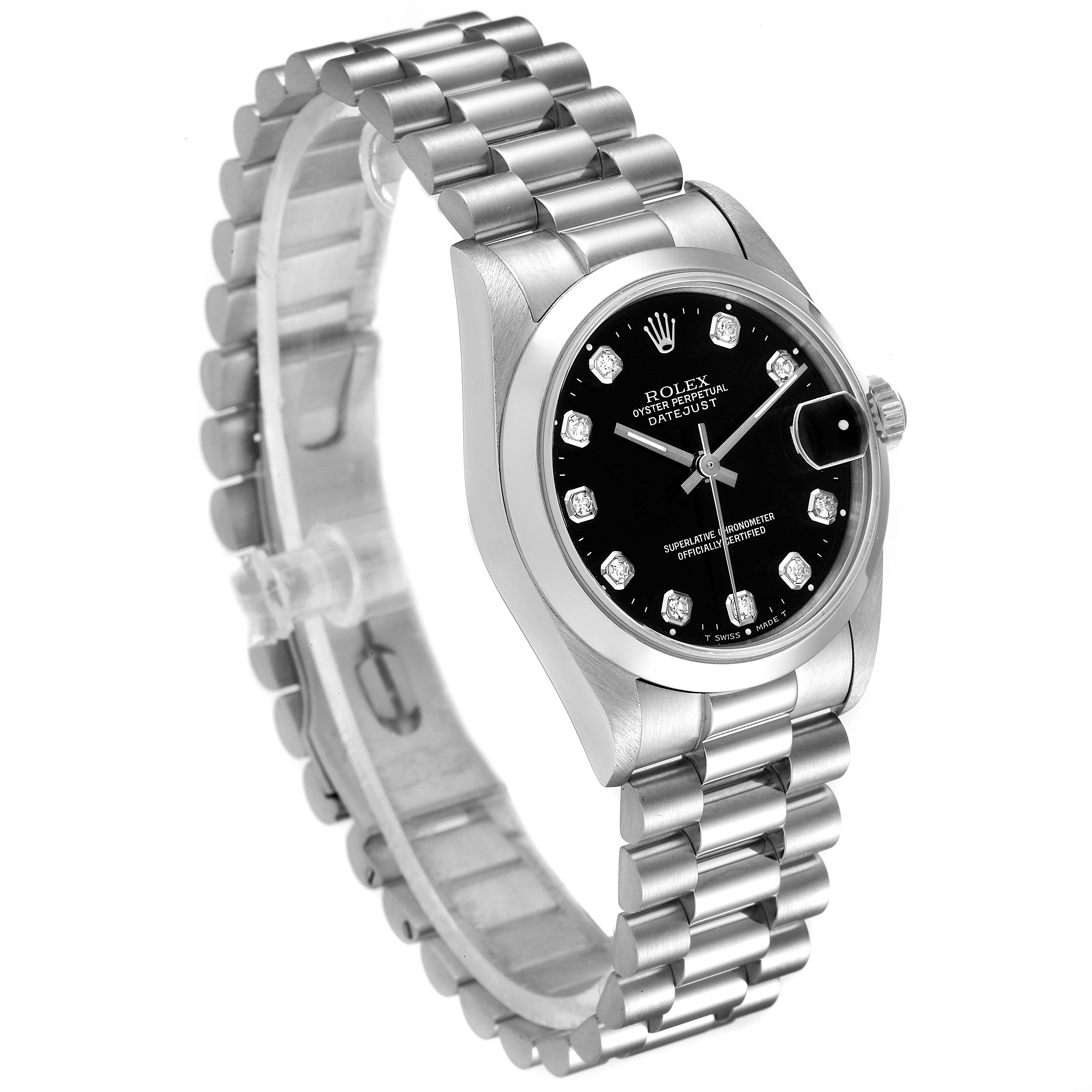 The image shows a side angle of a Rolex President 68246 Women's Platinum Black Dial 68246 Women's Platinum Black Dial model watch, featuring its bracelet, case, dial, and crown.