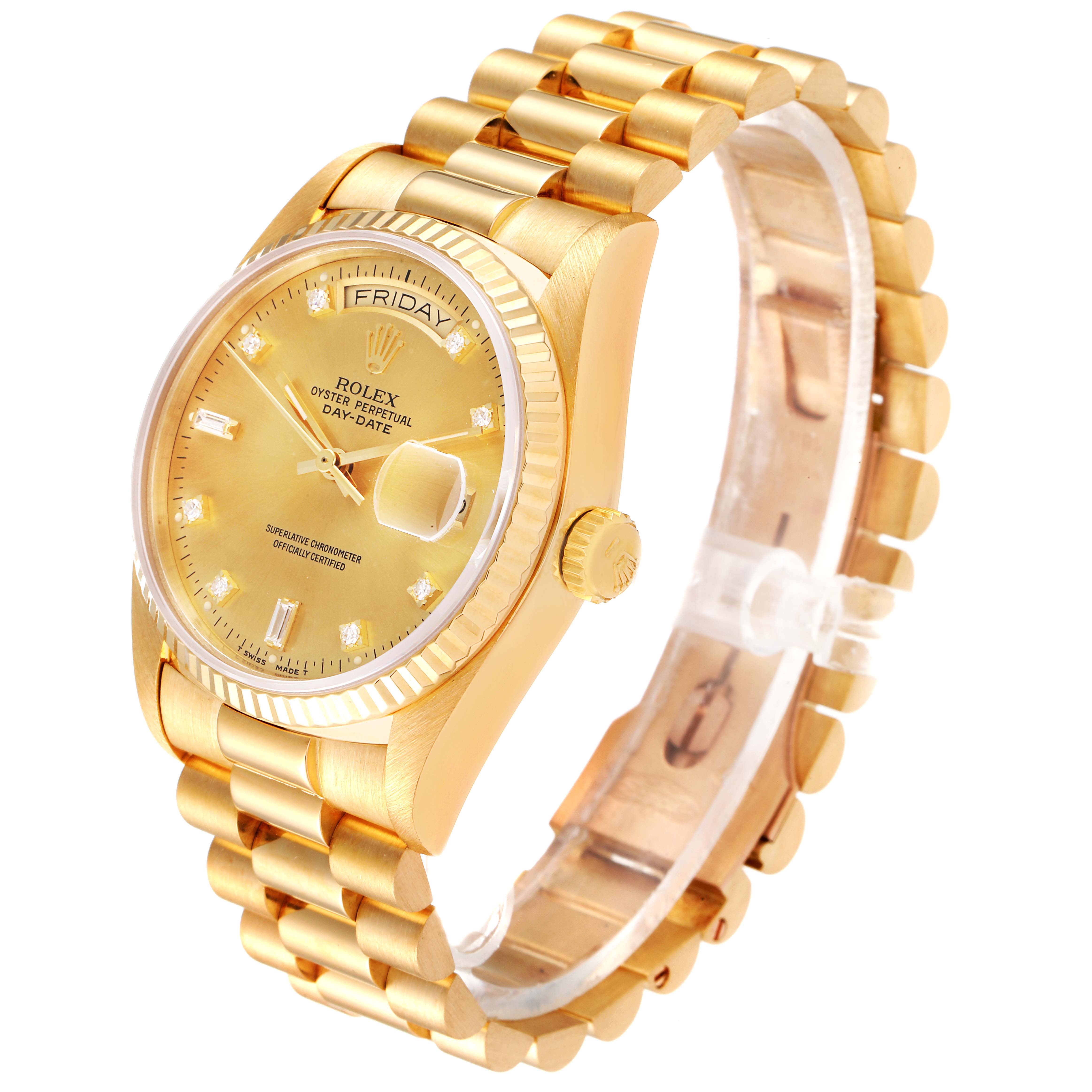 The image shows the Rolex President 18038 Men
s Yellow Gold Champagne Dial 18038 Men
s Yellow Gold Champagne Dial model watch at a three-quarter angle, highlighting its gold bracelet, dial, and fluted bezel.