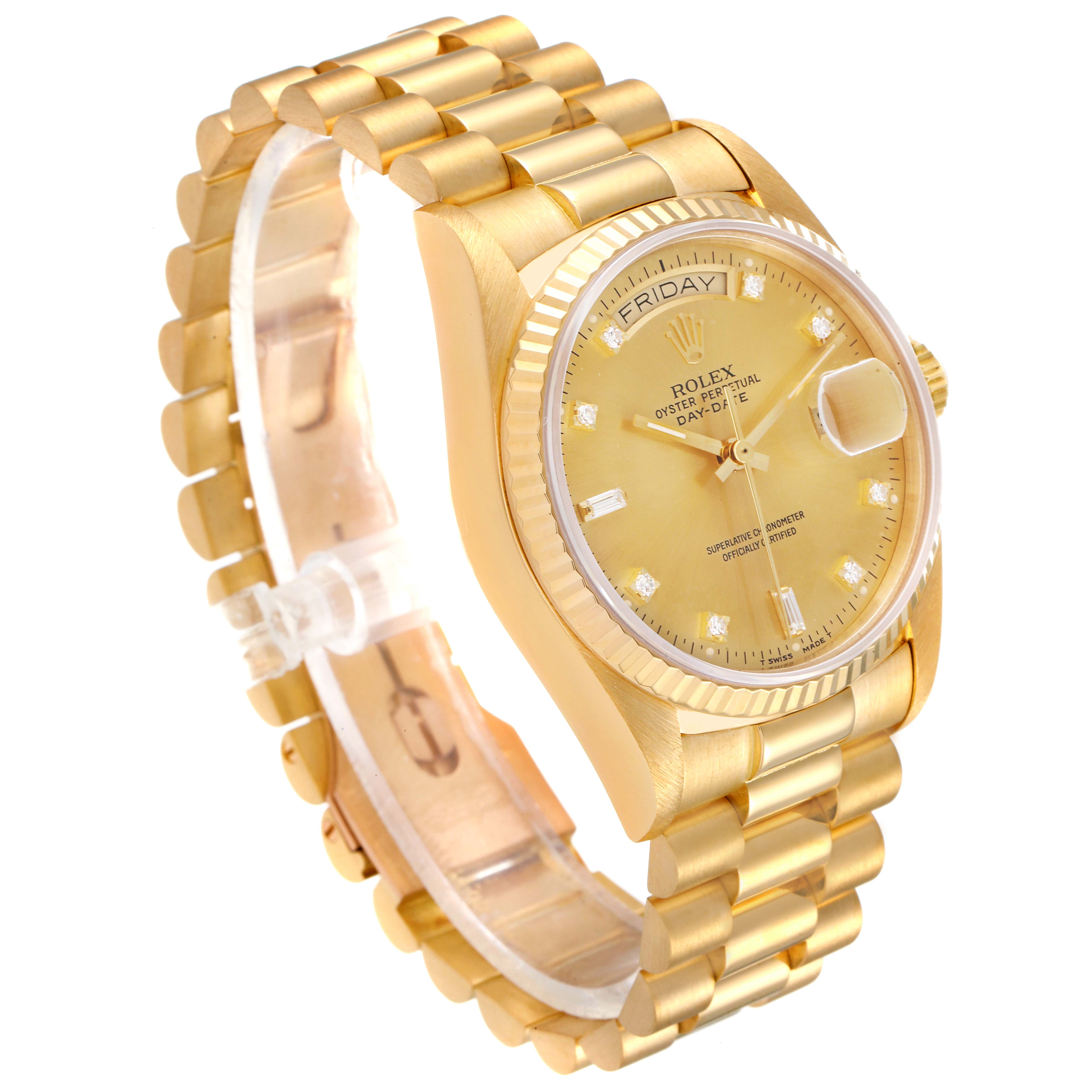 The image shows a side and front angle of the Rolex President 18038 Men
s Yellow Gold Champagne Dial 18038 Men
s Yellow Gold Champagne Dial model watch, highlighting its bracelet, face, and bezel.